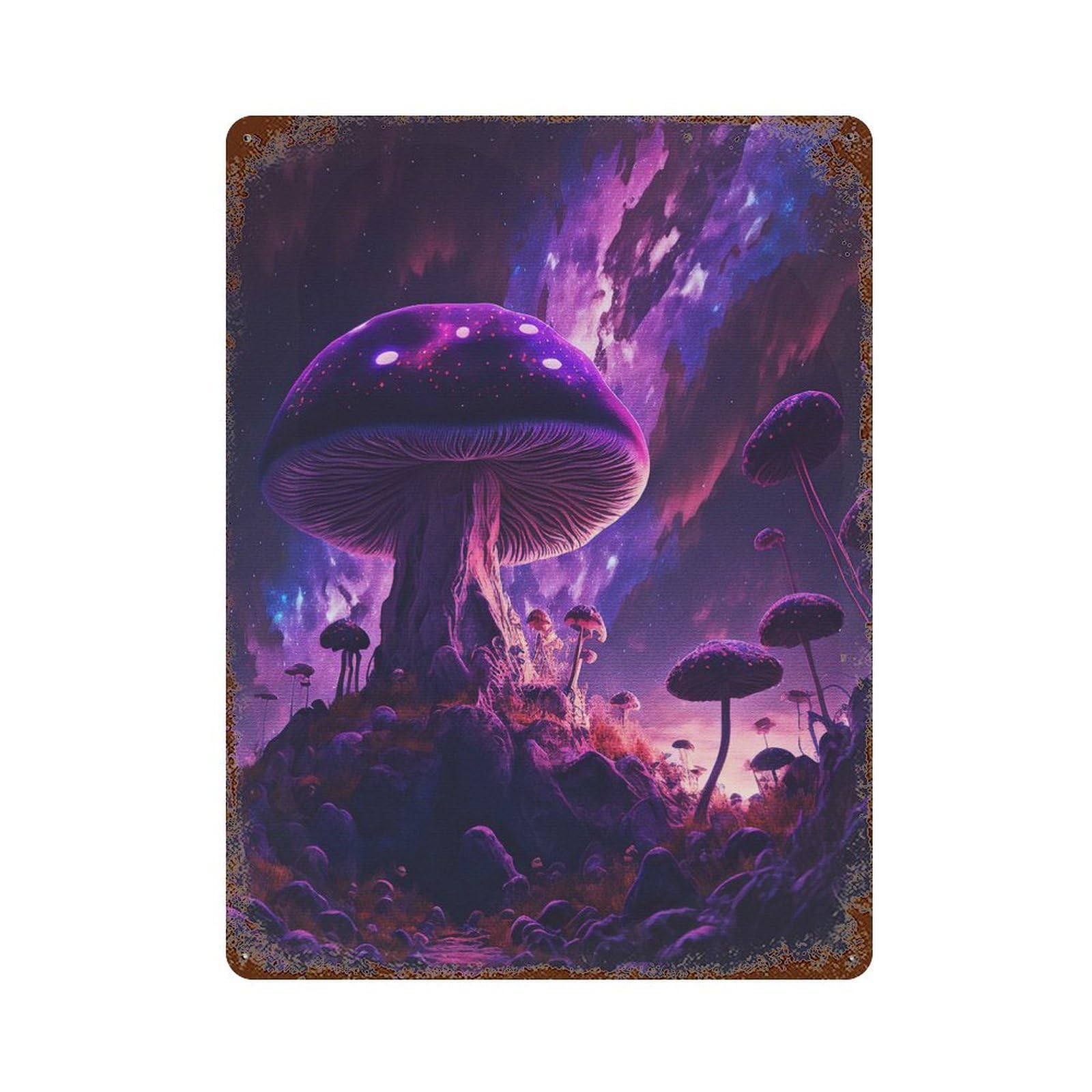 Space Forest Mushroom Rust Effect Tin Sign 15.7"x11.8", Vintage Wall Decor for Bistro, Counter And Cafe Decor