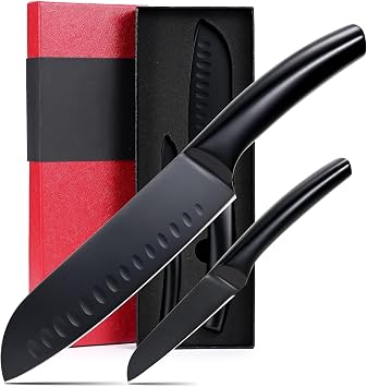 SHI BA ZI ZUO 2 Pieces Kitchen Knife Set,Santoku Knife and Paring Knife,Black Ti Coating Japanese Chef Knife Fruit knives with Hollow Handle