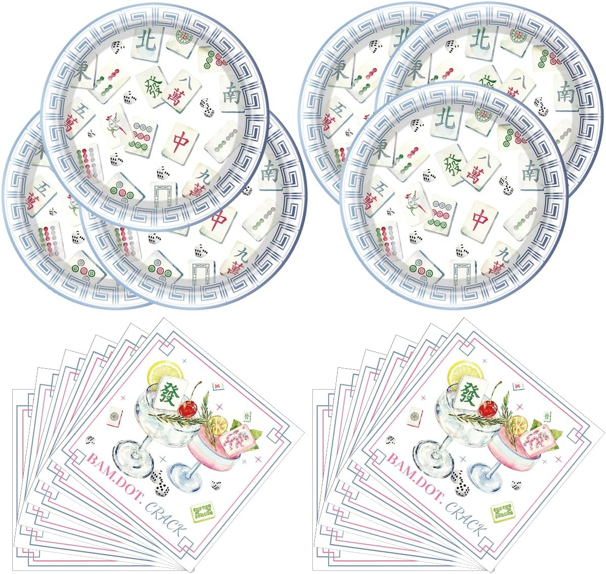 Mahjong Party Plates and Napkins Set - 40pcs, Traditional Chinese Mahjong Tile Tableware with BAM.DOT.CRACK Cocktail Napkins, Game Night & Asian Themed Party Decorations Supplies