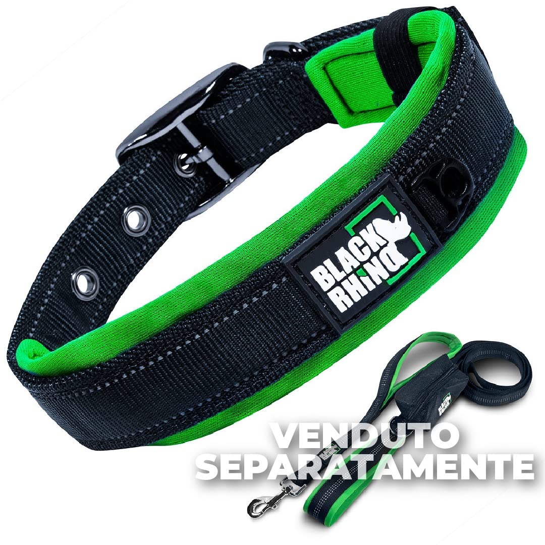 Black Rhino - Collare per cani imbottito in neoprene ultra morbido, per tutte le razze, confortevole, resistente, regolabile, riflettente, impermeabile (L, Verde/Nero)