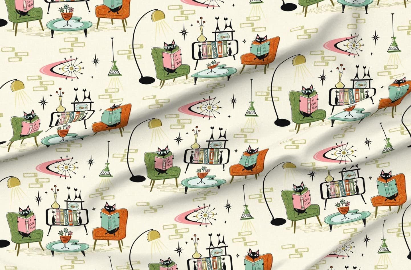 Spoonflower Fabric - Mid Century Modern Retro Cats 1950S Inspired Atomic Age Vintage Style Printed on Organic Cotton Sateen Fabric by The Yard - Sewing Quilting Apparel Home Decor