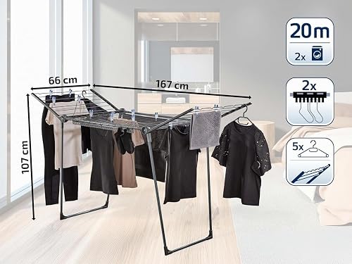 Leifheit Séchoir à Linge Pegasus 200 Solid Black, Étendoir à Linge Noir avec Ailes pour Les vêtements Longs, Séchoir sur Pied Stable pour intérieur et extérieur, Étendoir Linge au Design Moderne - 5