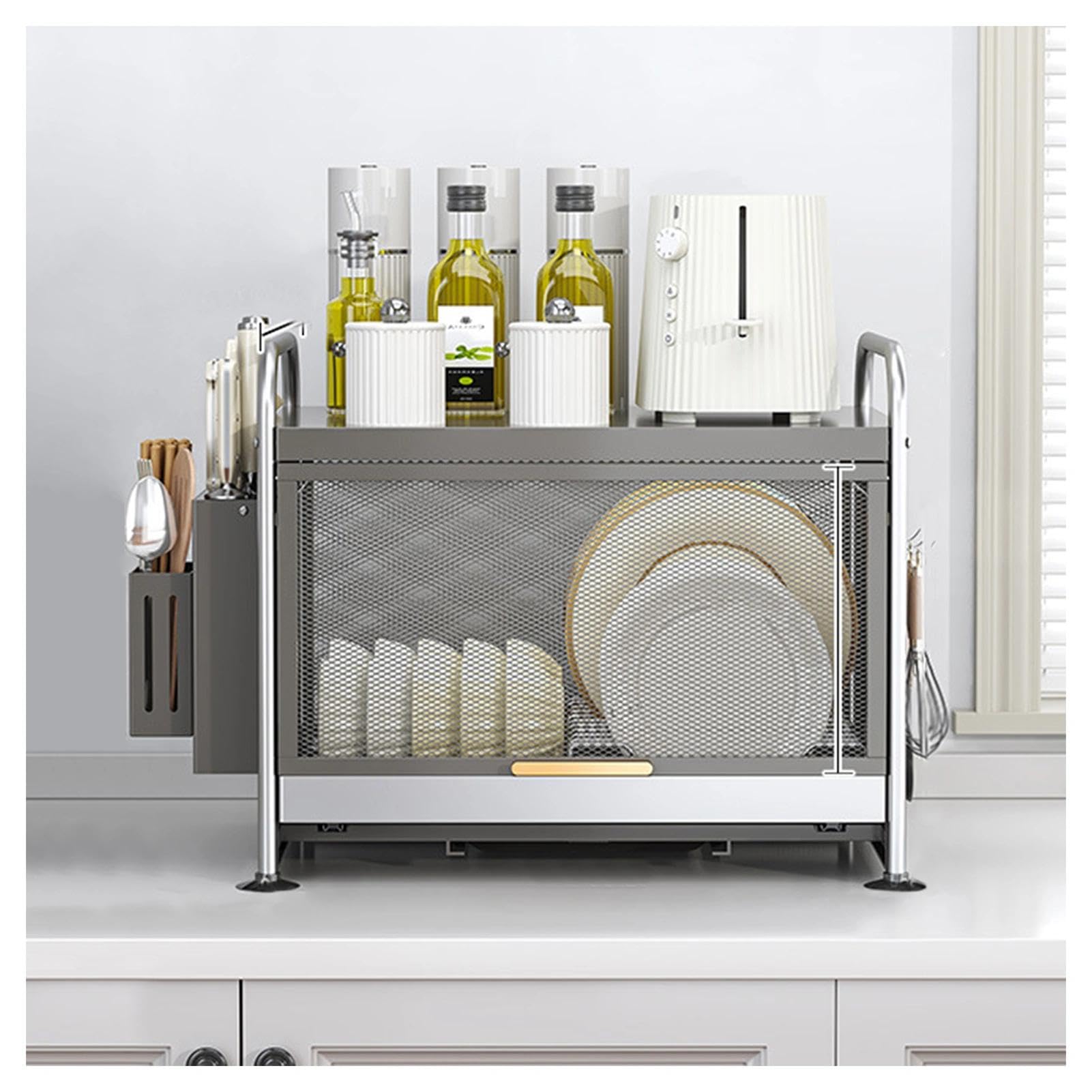 Escurridor de platos resistente con tapa, estante grande de plástico para platos y tazas con agujeros de drenaje, organizador de cubiertos, para encimera de cocina