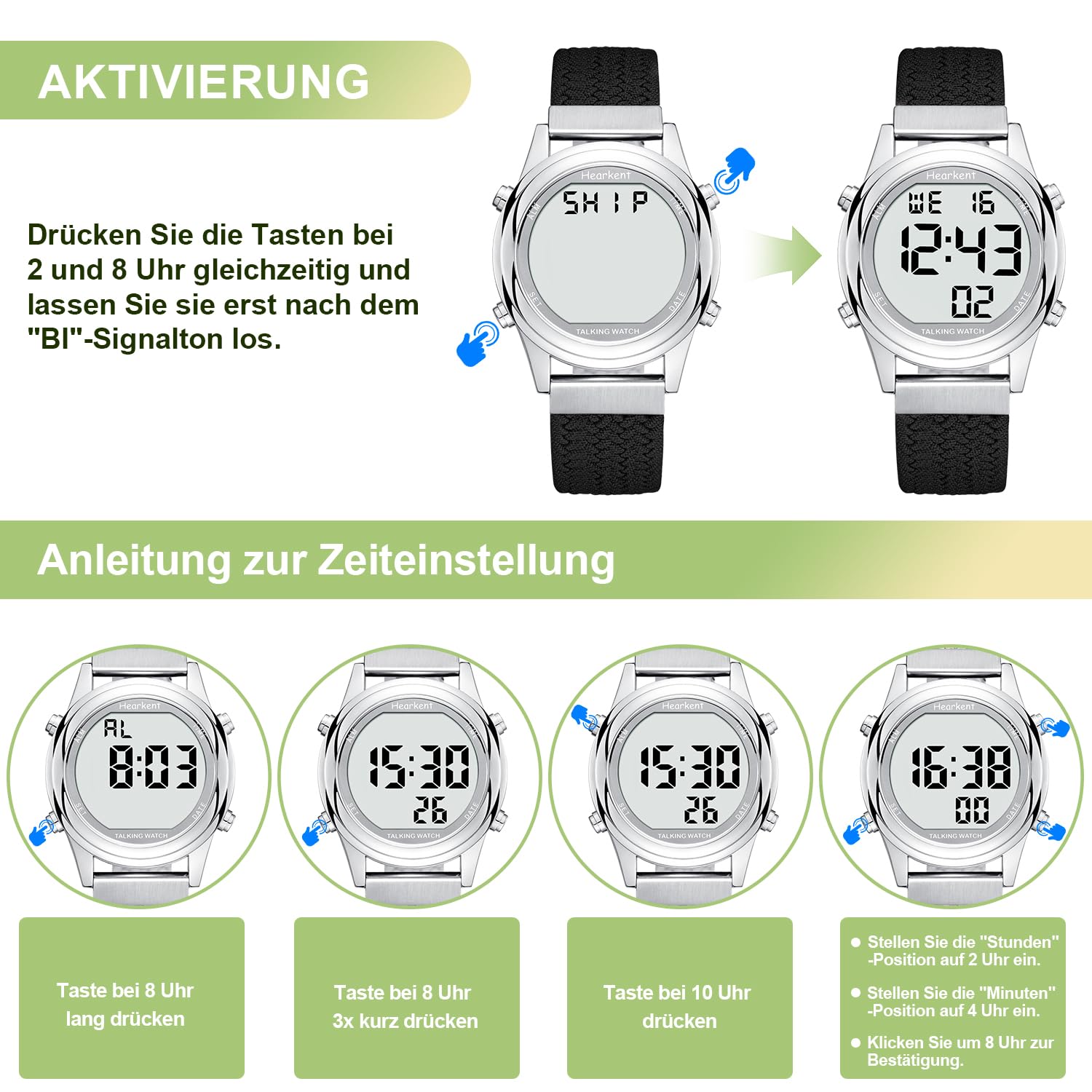 Hearkent Damen Digitale sprechende Uhr mit Deutscher Stimme-2117 | LCD große Zahlen Armbanduhr für Sehbehinderte,ältere oder blinde,Weiches-schnell wechselbares-verstellbares Armband