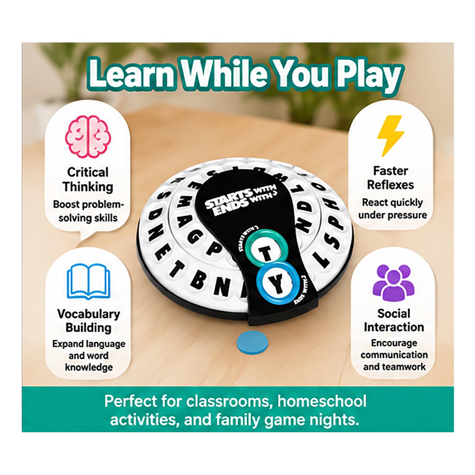 Comienza con Termina con Juego de Palabras, Juego de Palabras Spin & Shout, Juegos de Mesa La Familia de Ritmo rápido, Elige una categoría y Corre contra el cronómetro (3pcs)