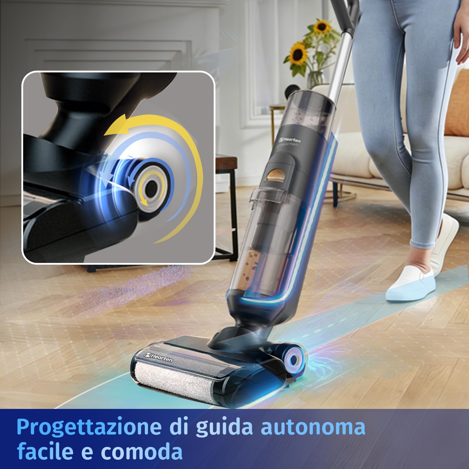 Hearten Lavapavimenti senza Filo,Scopa Elettrica Lavapavimenti Smart 3 in 1, Aspira e Lava, Auto-Pulente, Anti-Groviglio, Display LED – 0,7 mm, Regolazione Automatica, Per Peli Animali scrubber