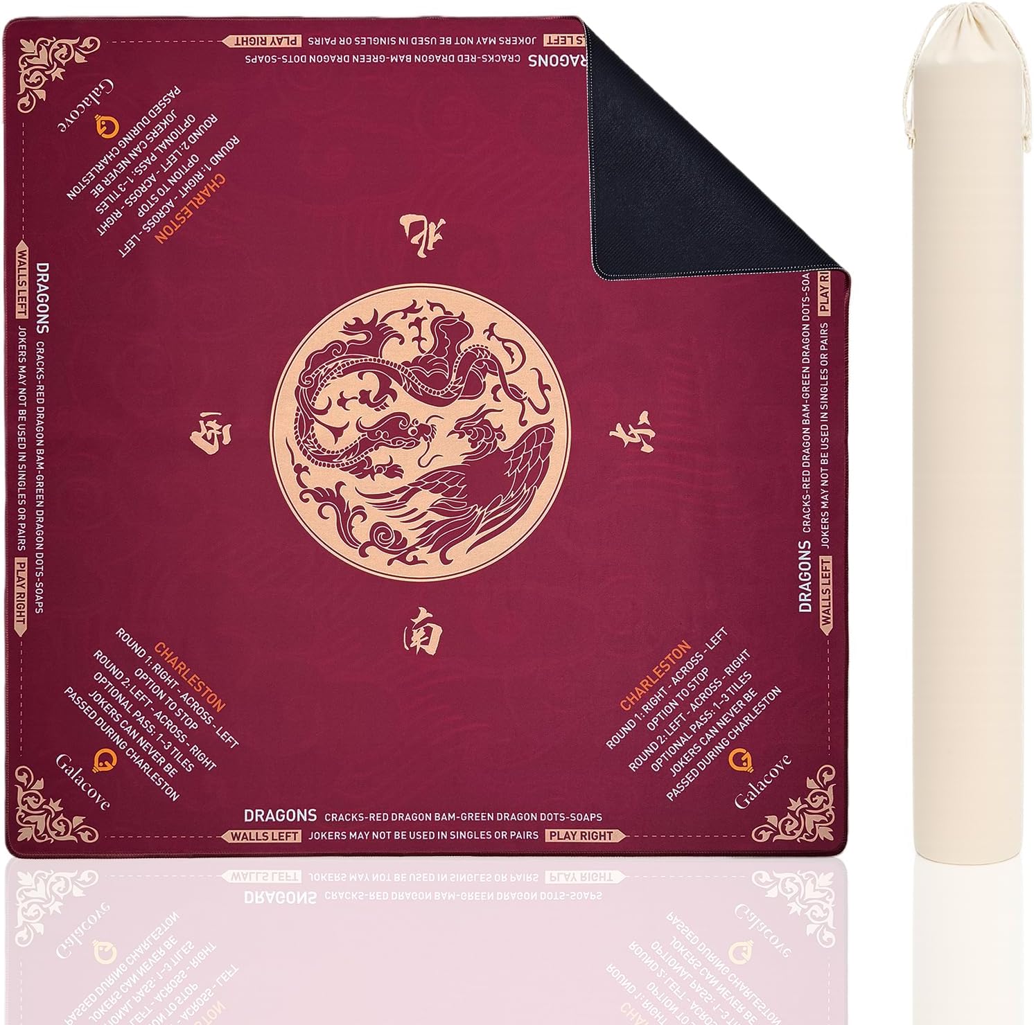 Mahjong Mat – 33"x33" Non-Slip Neoprene Game Table Mat, Noise-Reducing, Foldable & Portable with Charleston & Dragon Rules Printed – Dragon and Phoenix Design Gift for Mahjong Lovers