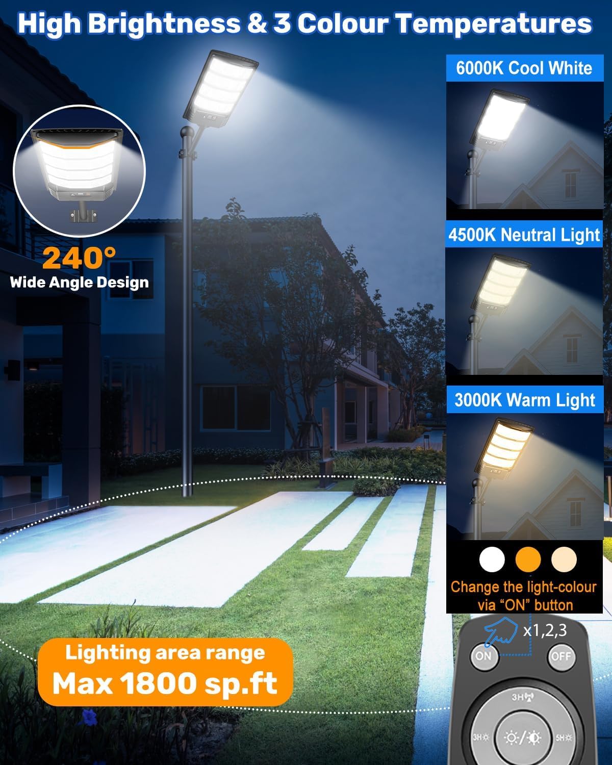 Lampione Solare Led Esterno, 6000K Bianca e 3000K Calda Faro Stradale Solare Impermeabile con Telecomando, Sensore di Movimento, Lampada da Giardino Faretti Esterno Solari per Garage Strada(4)