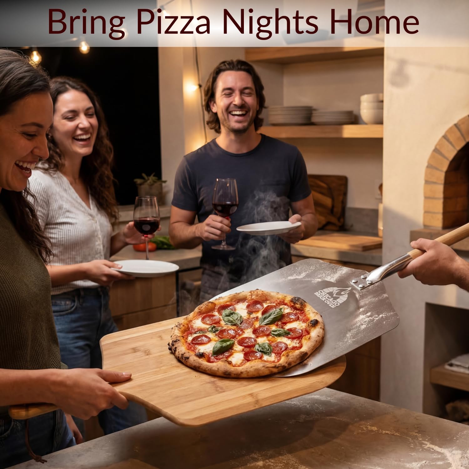 Chicago Brick Oven Pala de pizza de 30,5 x 35,5 cm, pala de pizza de metal de aluminio de 90,2 cm de largo con mango de madera desmontable de 53,3 cm, espátula para pizza