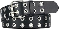 macoking Grommet Studded Faux Leather Belt for Women Men - Adjustable Black Punk Belt Double Holes Up to 45" Waist