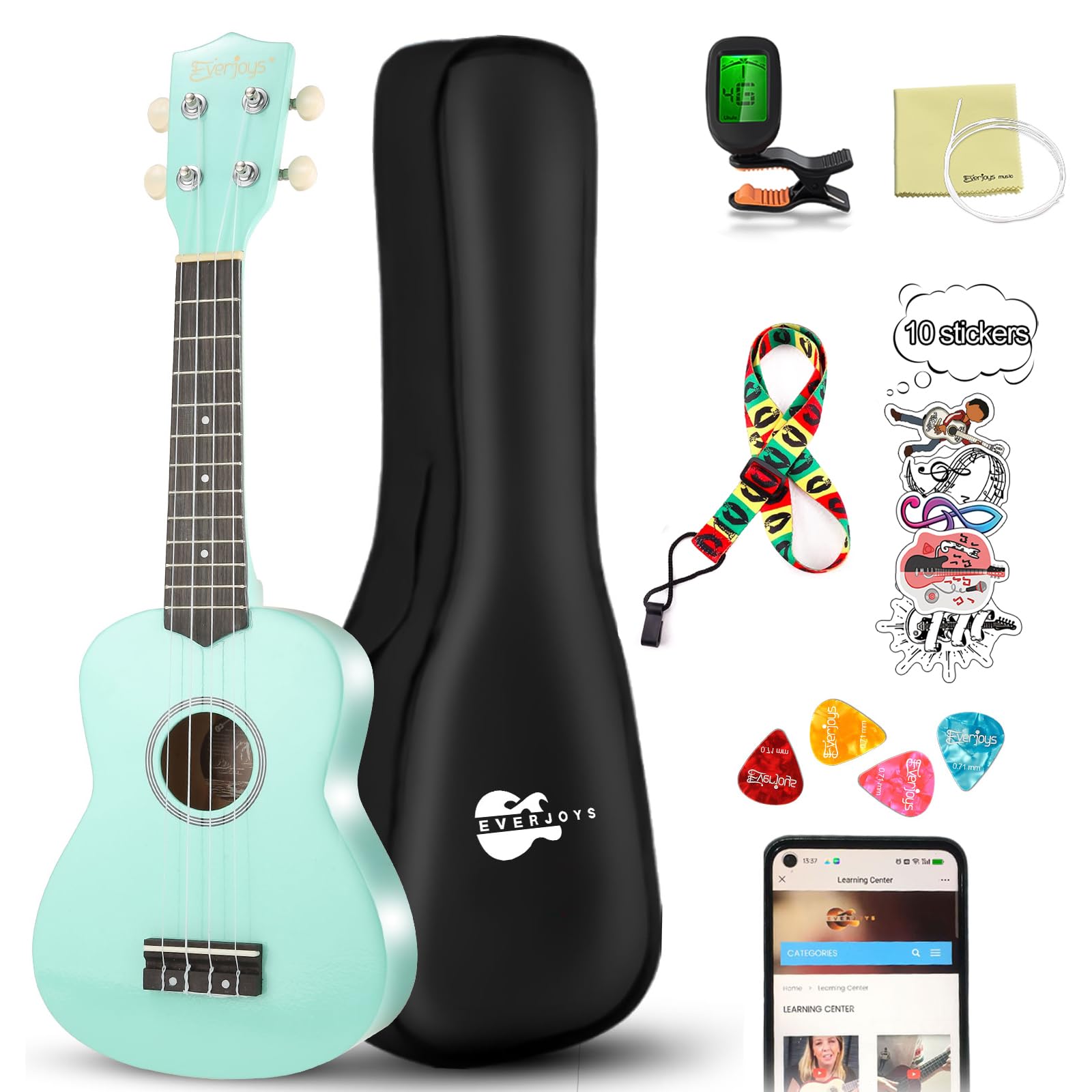 Everjoys Soprano Ukulele Beginner Kit 21 Inch w/Free Online Lesson Gig Bag Tuner Picks Strap, Fast to Learn (Shinny Mint Green）
