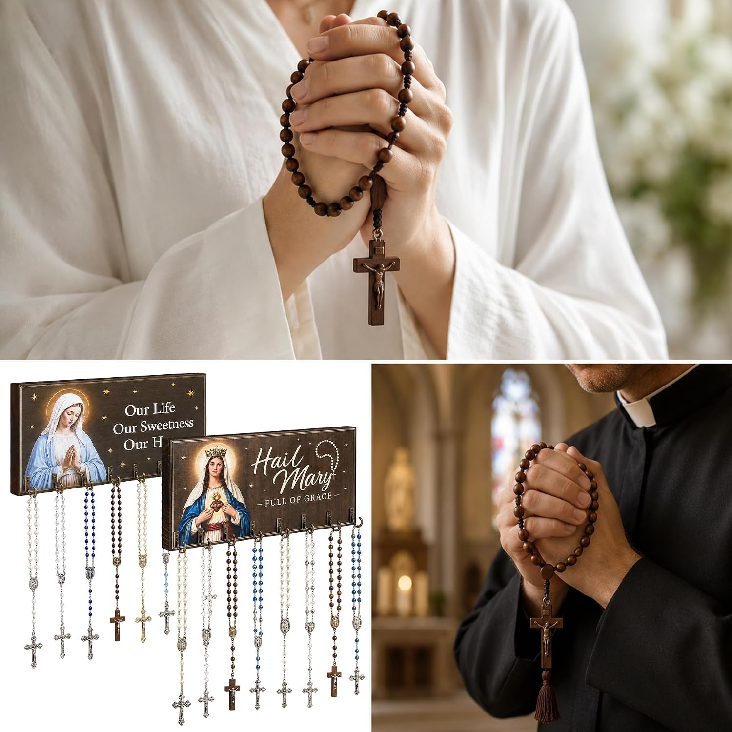 2Pcs Rosary Holder 16 Hooks Wooden Catholic Wall Decor for Necklace