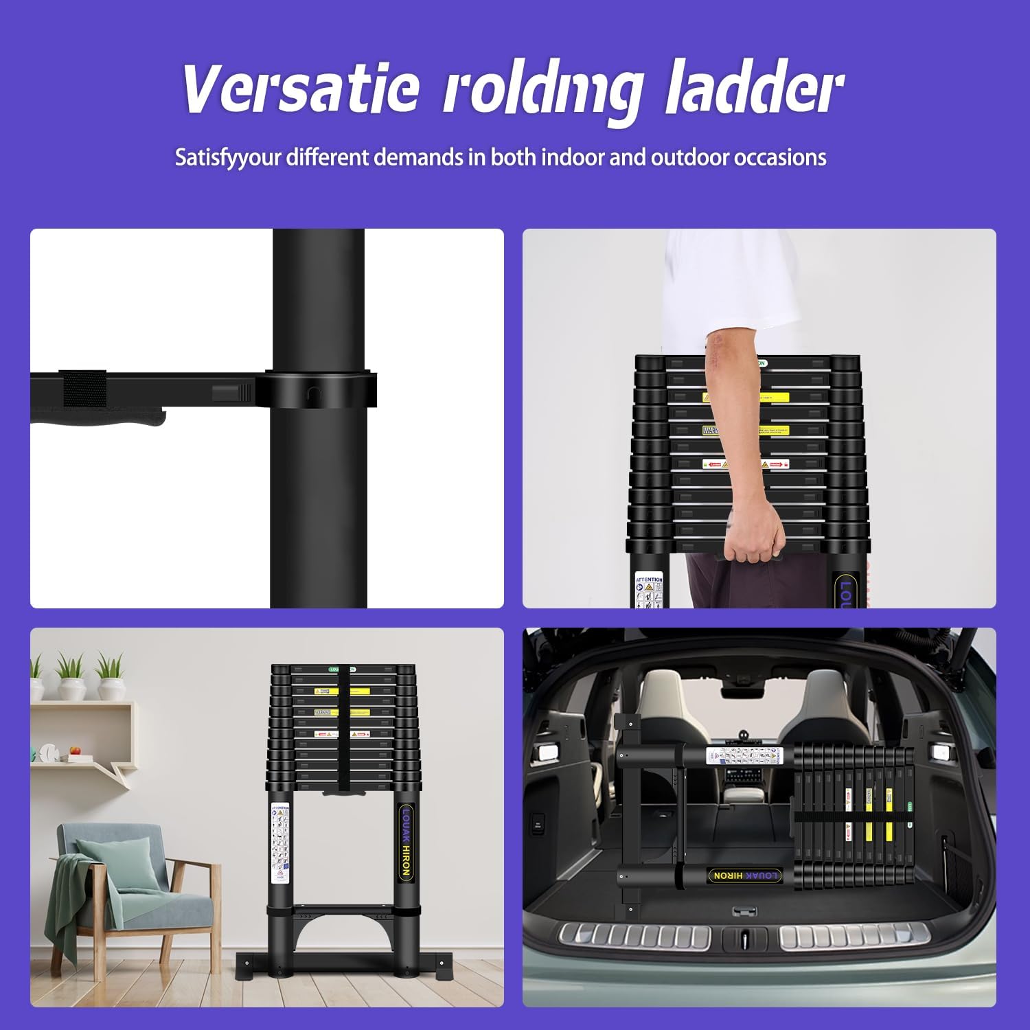 5.05 m Aluminium Telescopic Ladder with Hooks, Extendable Ladder, Folding Ladder with Stabiliser Step Ladder, Non-Slip, Made of High-Quality Aluminium, Extendable Ladder, Multi-Purpose Ladder