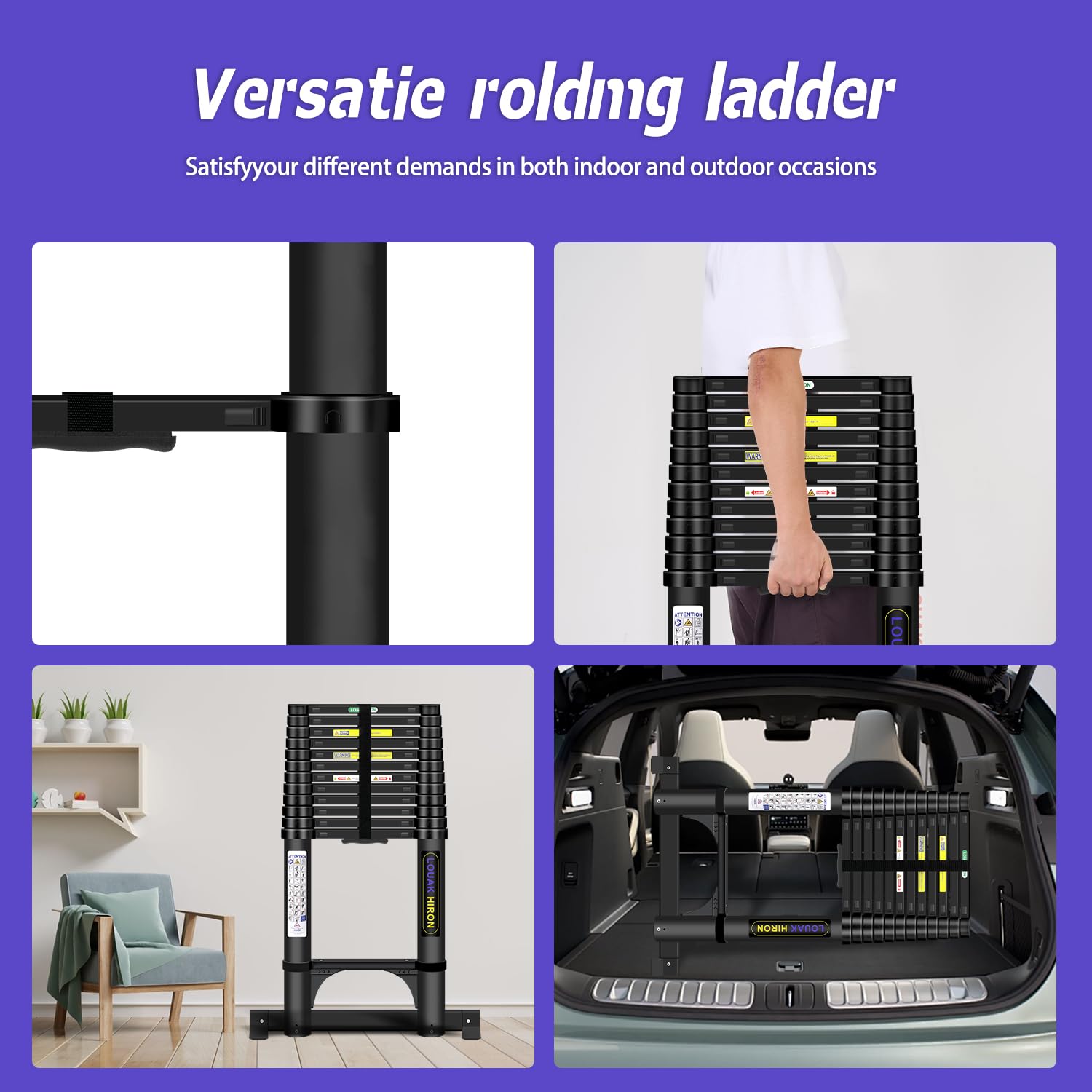 Escalera telescópica de aluminio de 5,05 m con gancho, escalera plegable con estabilizador, antideslizante de aluminio de alta calidad, escalera versátil