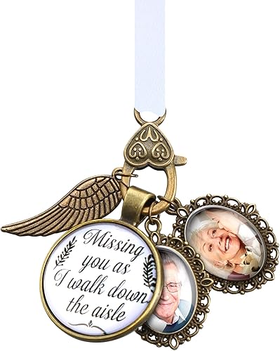 MTLEE Ramo de boda con diseño ovalado de encaje para novia, colgante de ala de ángel conmemorativa You as I Walk Down the Pasillo para madre, padre,