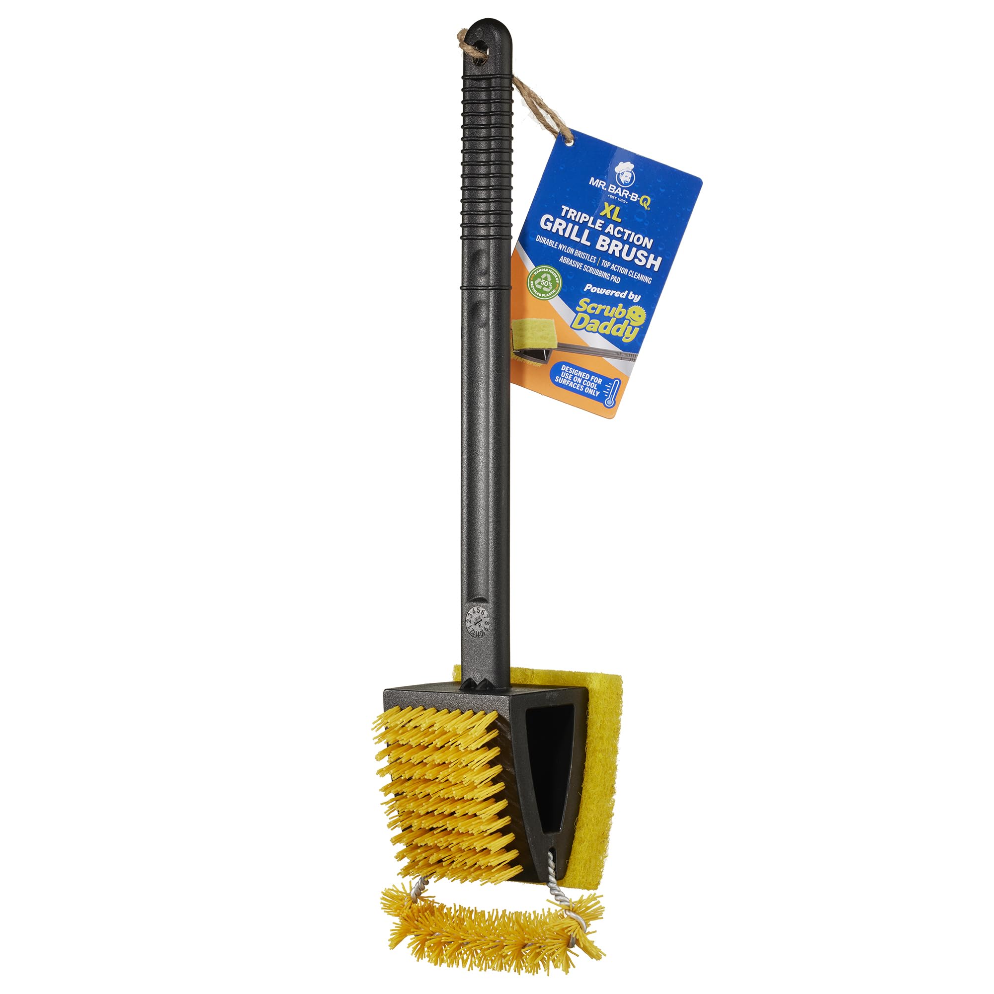 XL Triple Action Grill Brush Powered by Scrub Daddy by Mr. Bar-B-Q – X-Large, Nylon, Black and Yellow, Model 60404SDZ
