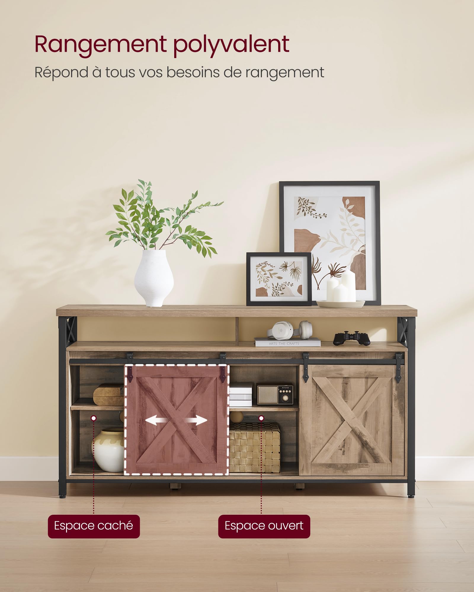 VASAGLE Meuble TV, Support pour Téléviseur Jusqu’à 65 Pouces, avec Étagères Réglables, Portes Imitation Grange, Style Rustique, Cadre en Métal, Marron Camel et Noir Simple LTV071B50V1
