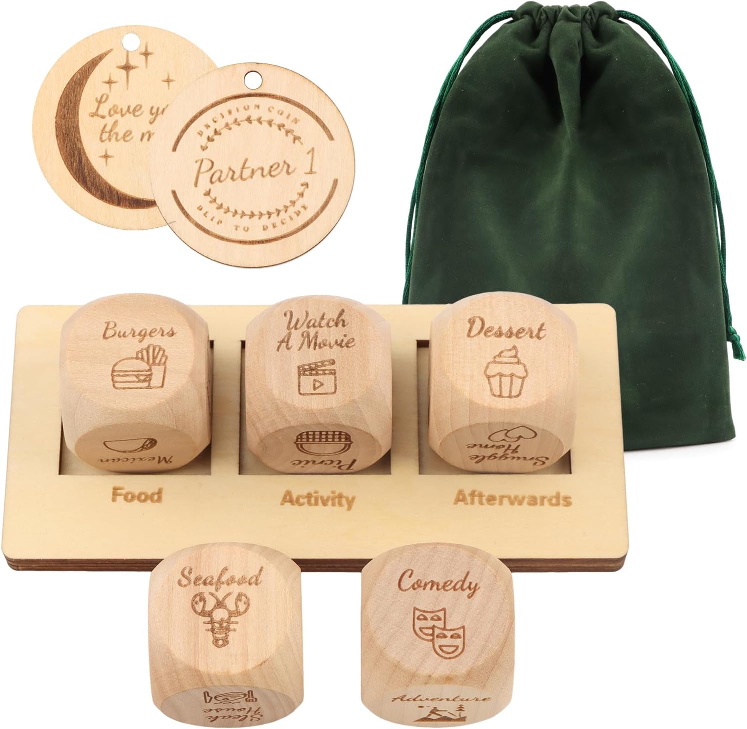Date Night Dice Game, Fun Romantic Couples Gift, 5 Dice, Decision Coin, Board & Carry Bag, Date Night Ideas, Anniversary Wedding, Bridal Shower for Girlfriend Wife Husband Him Her