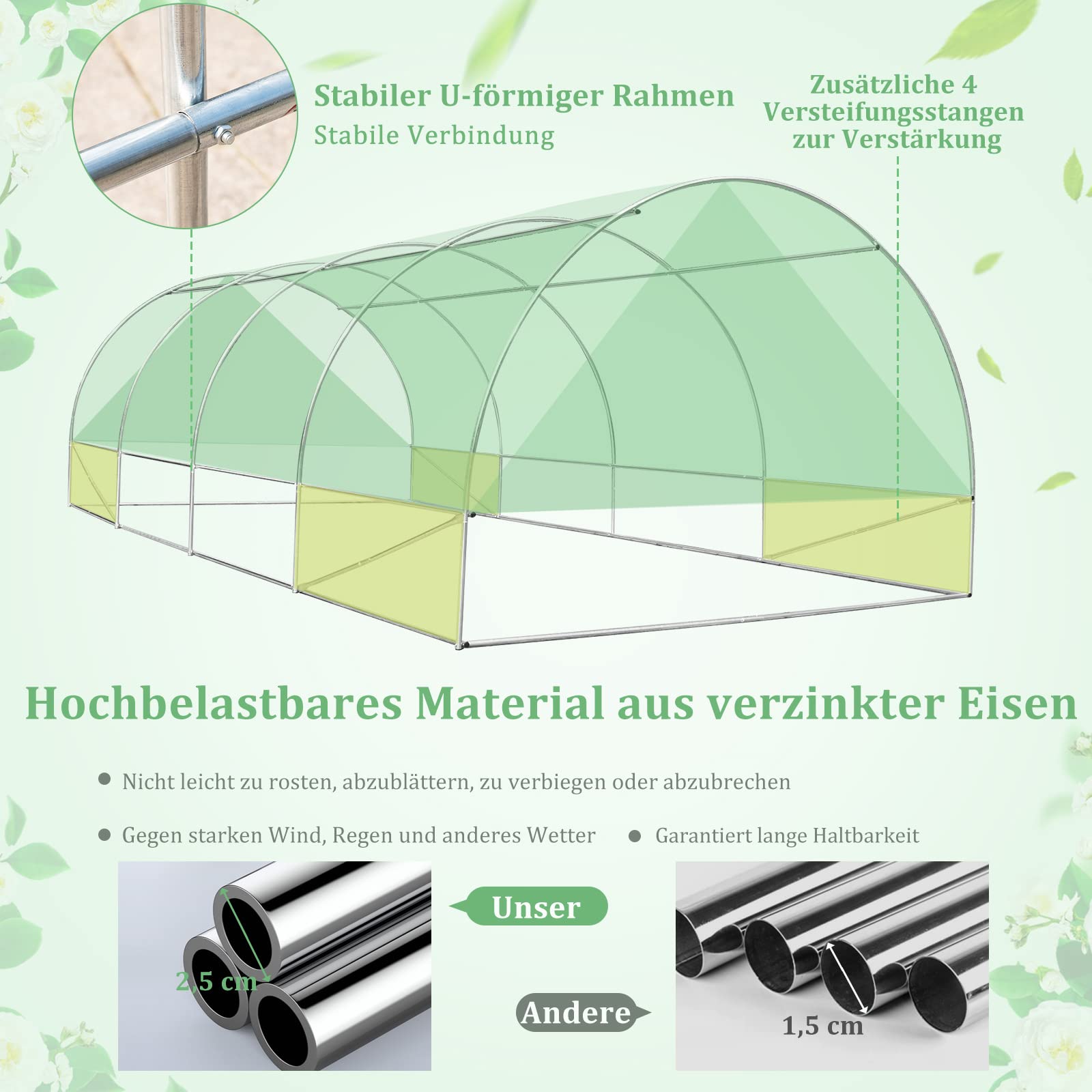 COSTWAY Szklarnia 6x3x2m, 18m², metalowa rama, 10 okien siatkowych i 2 drzwi ogrodowe, tunel foliowy, na pomidory, kwiaty, owoce, warzywa, zielona