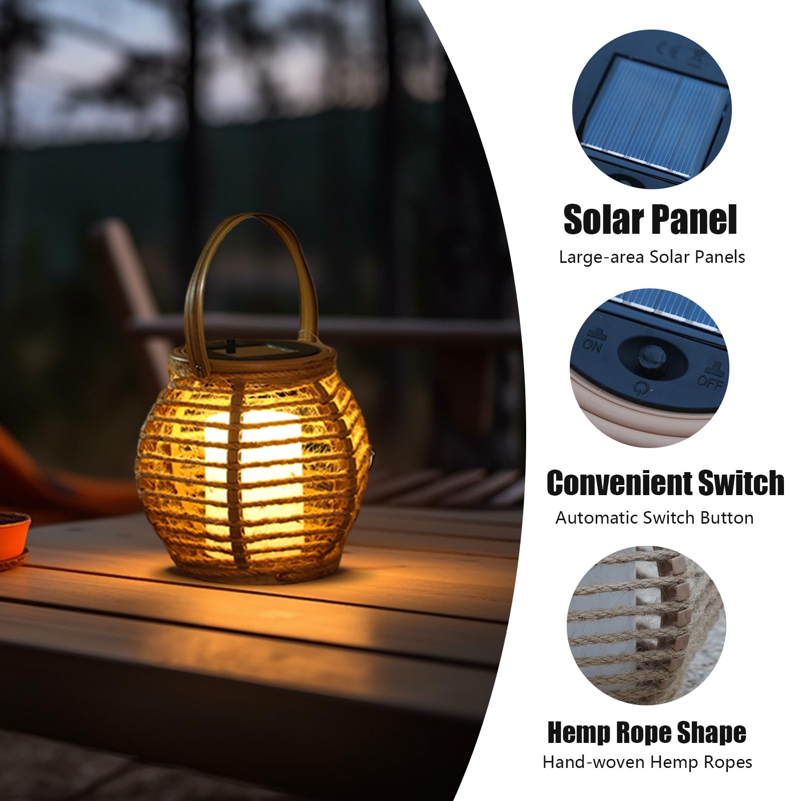 Lanterna solare per esterni, set di 2 lampade solari da giardino con accensione e spegnimento automatico, lanterna intrecciata in fibra naturale, bianco caldo, impermeabili, per terrazza, balcone