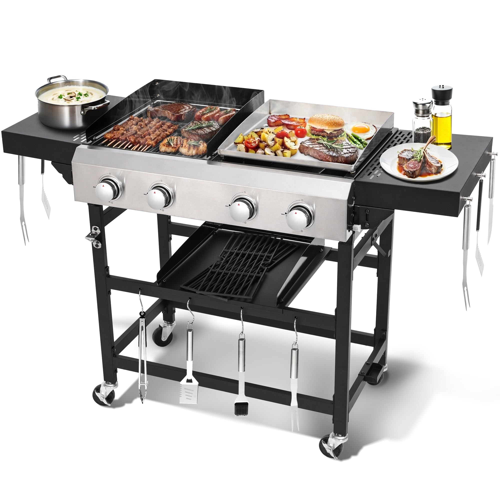 Cookit Propane Gas Grill and Griddle Combo with 40,000 BTUs, 4-Burner Stainless Steel Griddle & Cast Iron Grill Combo for Outdoor Cooking While
