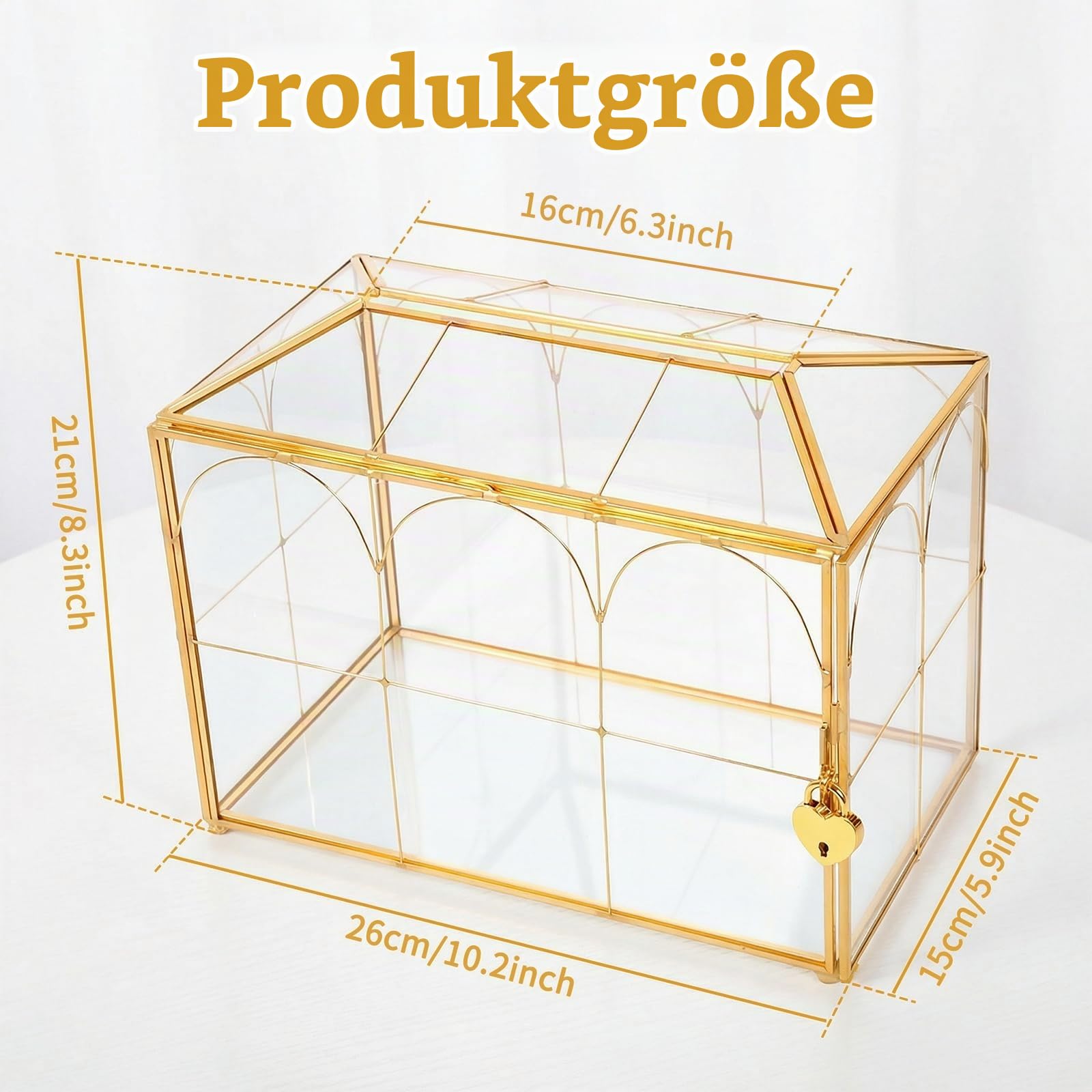 Kartenbox Hochzeit Glas Gold mit Herzschloss Schlüssel Deko | Große Transparente Glasbox für Geldgeschenke Briefe Geburtstag Feiern Postbox Vintage Messing Behaelter 26x15x21 cm Schatulle