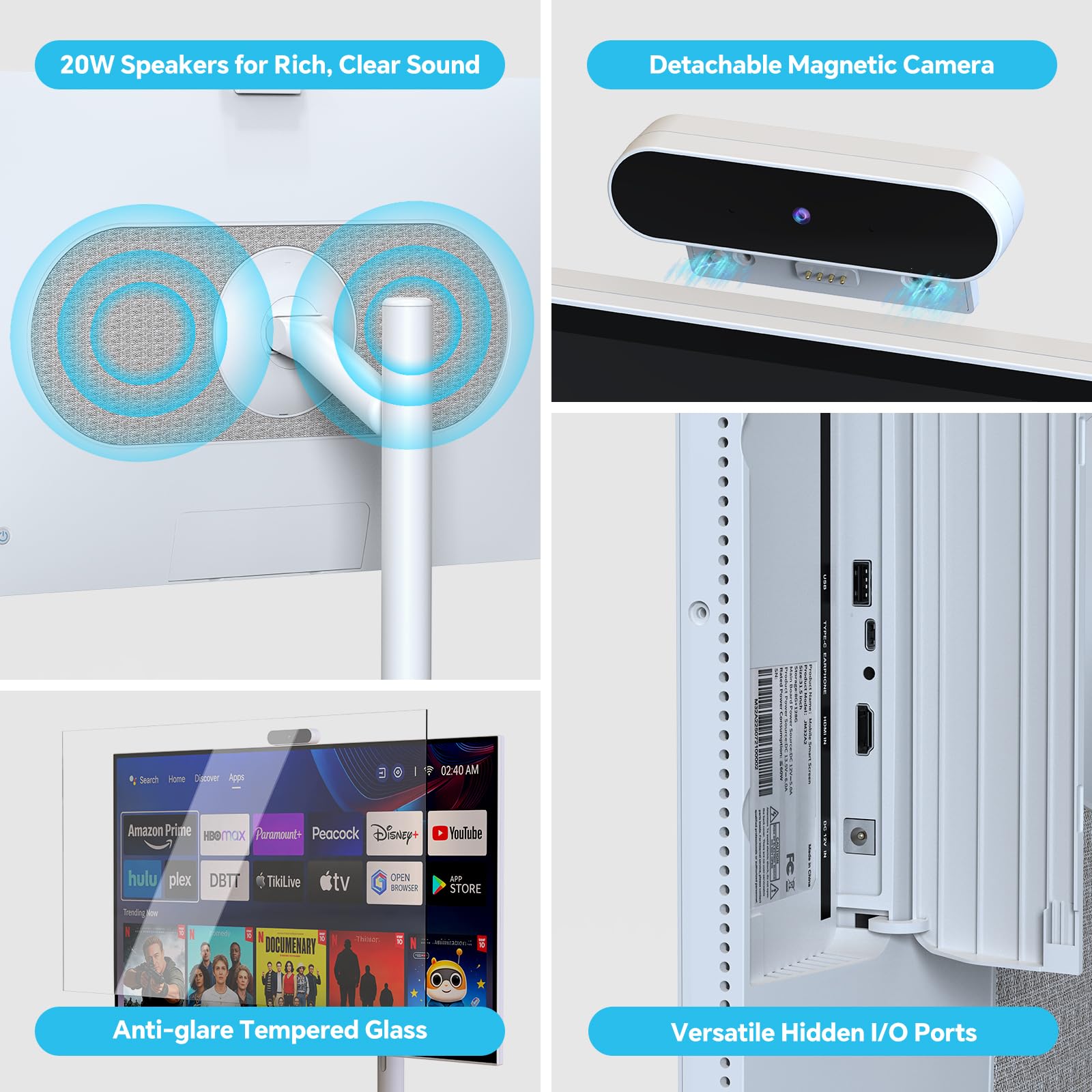 27 Inch Portable TV FHD 1080P Smart Touchscreen Monitor, Android Rolling TV with Detachable Magnetic Camera, 20W Speakers, Rechargeable Battery, Full Swivel Rotation, Built-in Voice Remote