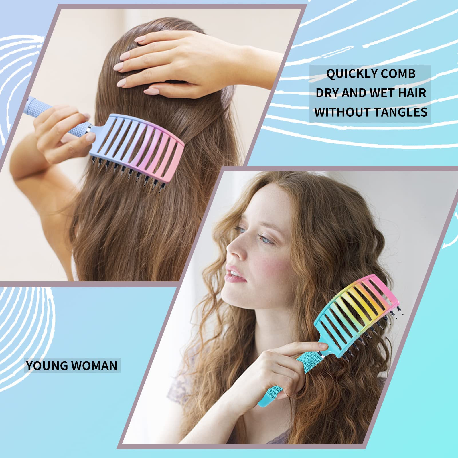 Paquete de 2 cepillos desenredantes para sacar nudos sin dolor, añade brillo y hace que el cabello sea suave, cepillo de cerdas de jabalí desenredante para adultos y niños, cabello húmedo o seco