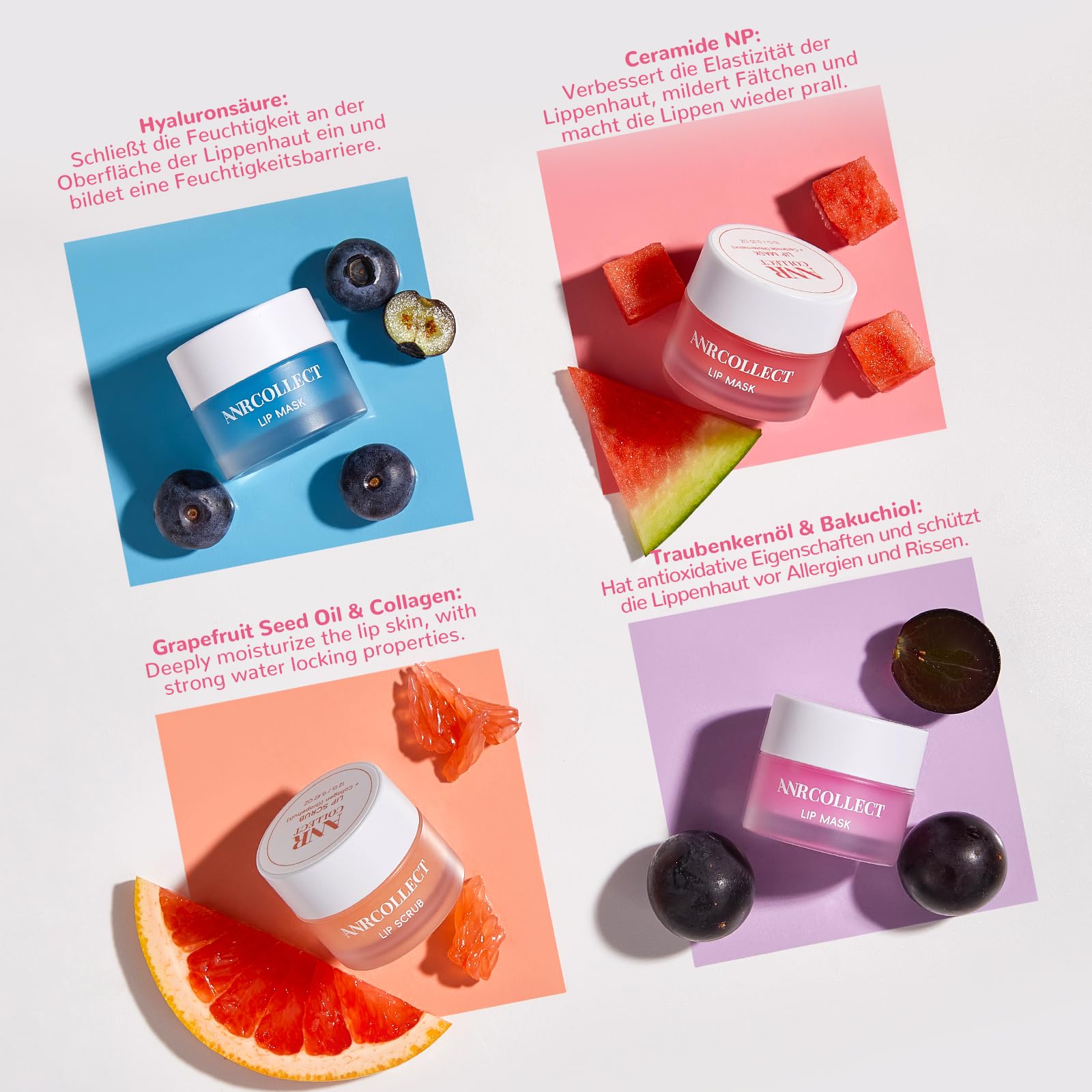 ANRCOLLECT Lippenmaske+ Lip scrub, Lippenpeeling, 4P Lippenpflege Set Mit 3 Lip Sleeping Mask, Lippenmaske Overnight, Lippenbalsam Set FÜR Trockene, Spröde, Rissige Lippen, Feine Linien & Falten | 1 Peeling Scrub + 3 Overnight Masken für weiche, hydratisi