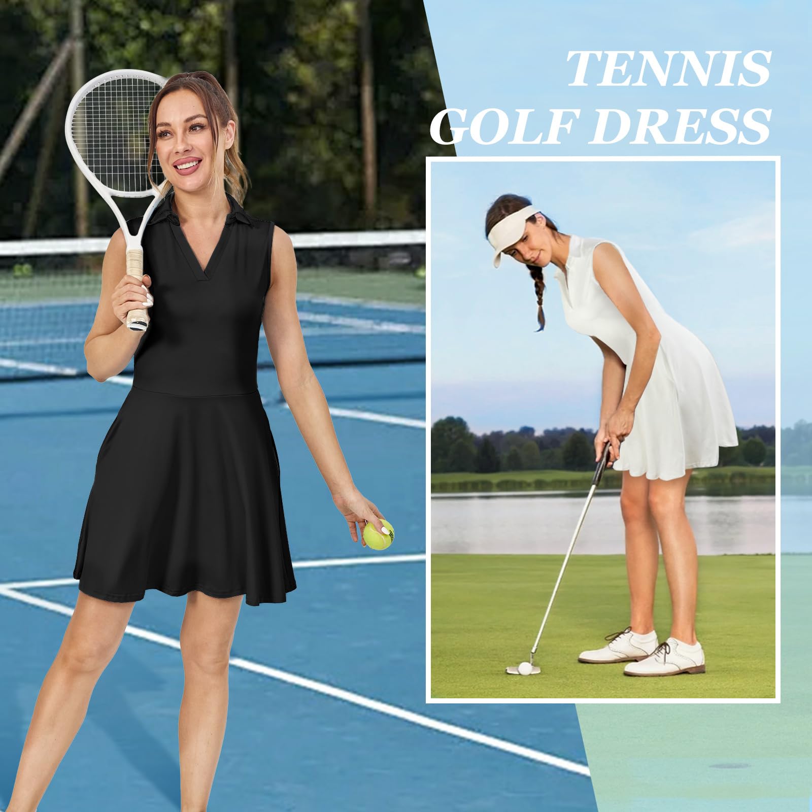 Vestido Tenis Mujer Deportivo con Pantalones Cortos Vestido Polo Bolsillos Golf sin Mangas Línea A Atléticos
