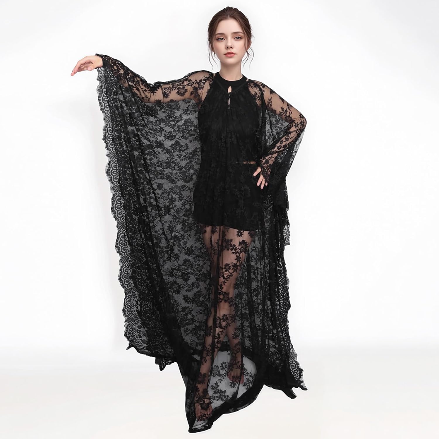 Boho Witch Lace Kaftan Dress Bikini Swimsuit Beach Cover up Sheer See Through Maternity Halloween Costume for Women