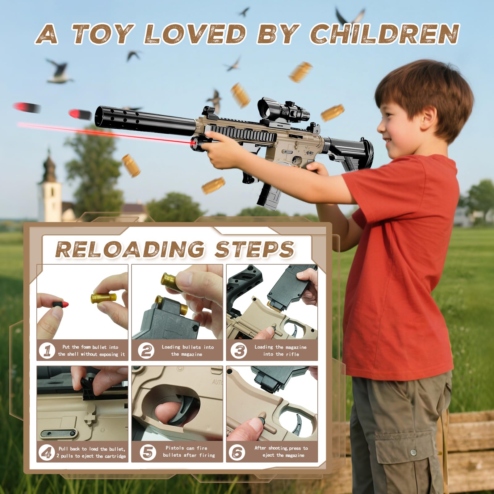 M416 Pistolet Jouet Enfant,Soft Bullet Gun,avec 60 Balles Souples,24 Douille pour Balle Mousse,2 Chargeur Éjectable,3 Lunette de Visée,Poignée,Infrarouge,Lunette,Lampe de Poche,pour les 10 Ans et Plus