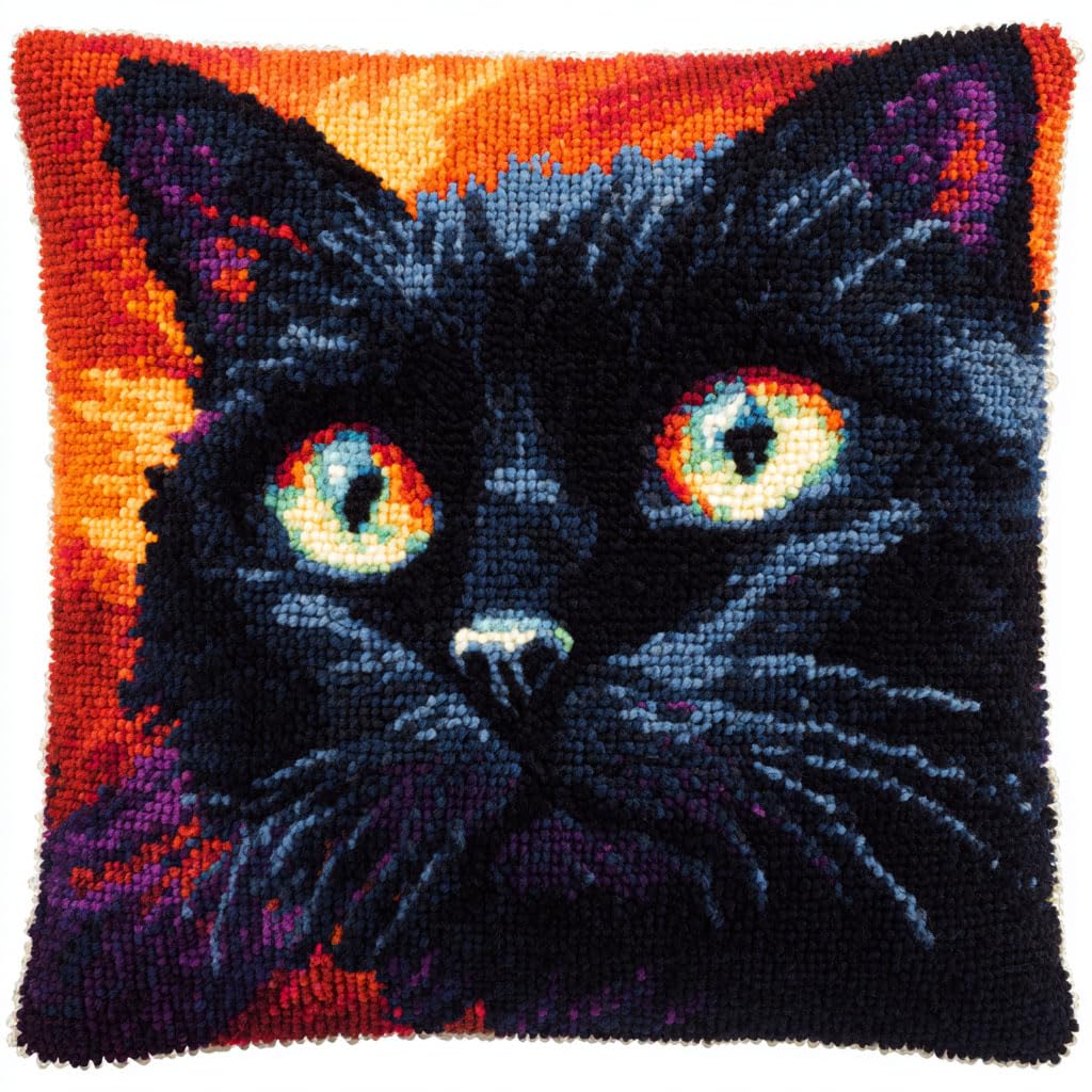 Henypt Latch Hook Kits Animal Black Cat Pillow Cover DIY Cushion Cross Stitch Crochet Hook Pillowcase Making Kits Preprinted Pattern Canvas Cushion 43x43cm