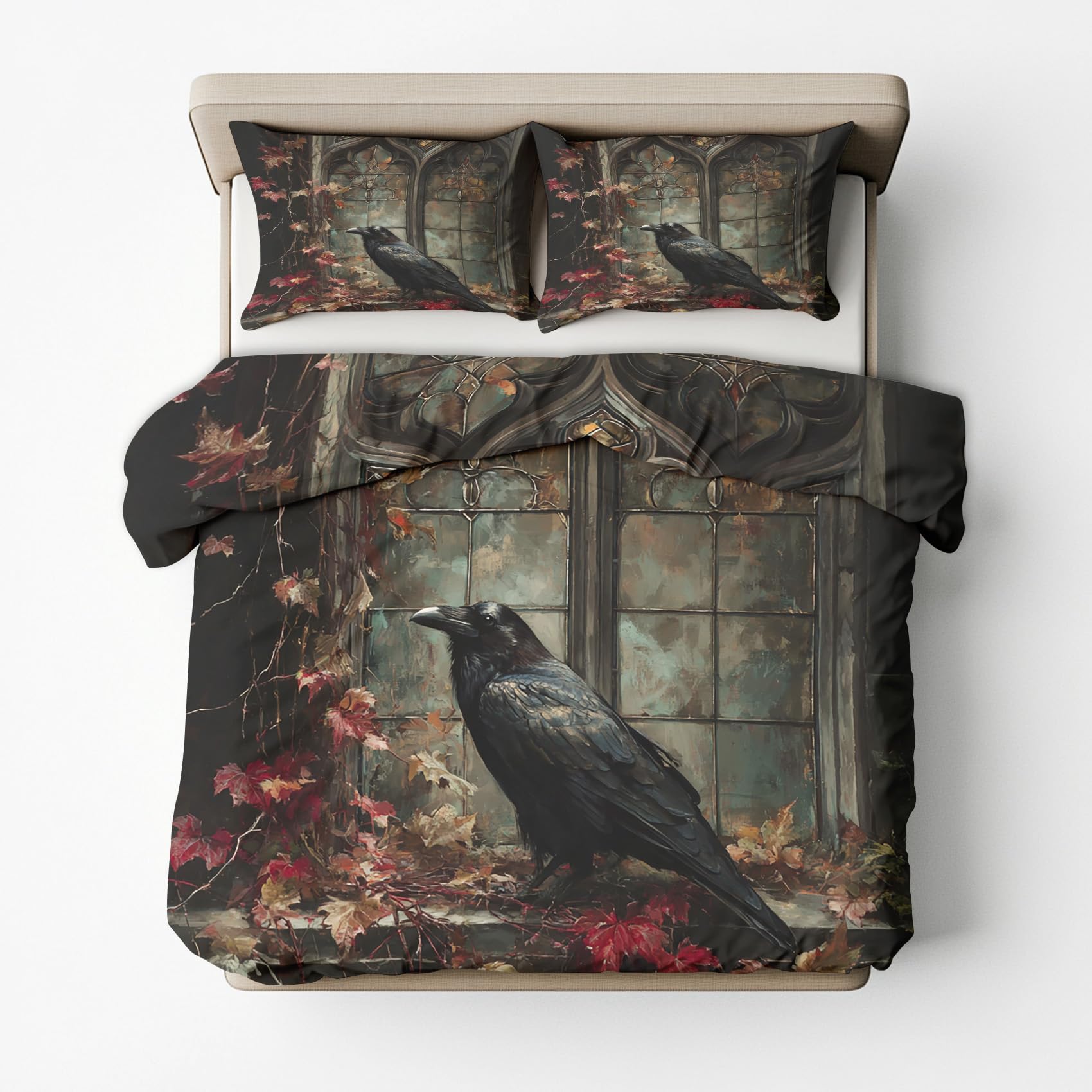 Generisch Gothic Bettwäsche 135x200 2er Set Mit Blätter Vogel Krähe Goth Muster Bettbezug Set Bügelfreie Bettwäsche Mit Reißverschluss, Kissenbezug, Gothic Deko