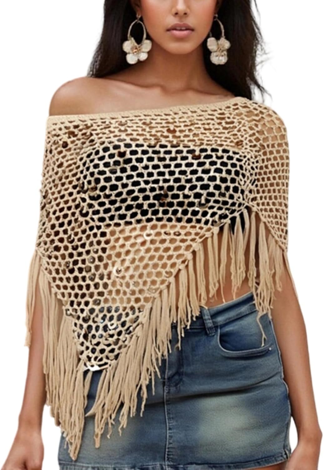 Women Sheer Poncho Top Lightweight Knit Crochet Shrug Bolero Mesh Batwing Sleeve Sweater Cover Up Beachwear