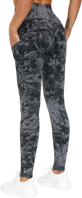 THE GYM PEOPLE Thick High Waist Yoga Pants with Pockets, Tummy Control Workout Running Yoga Leggings for Women (Large, Gray-Marble) image 5
