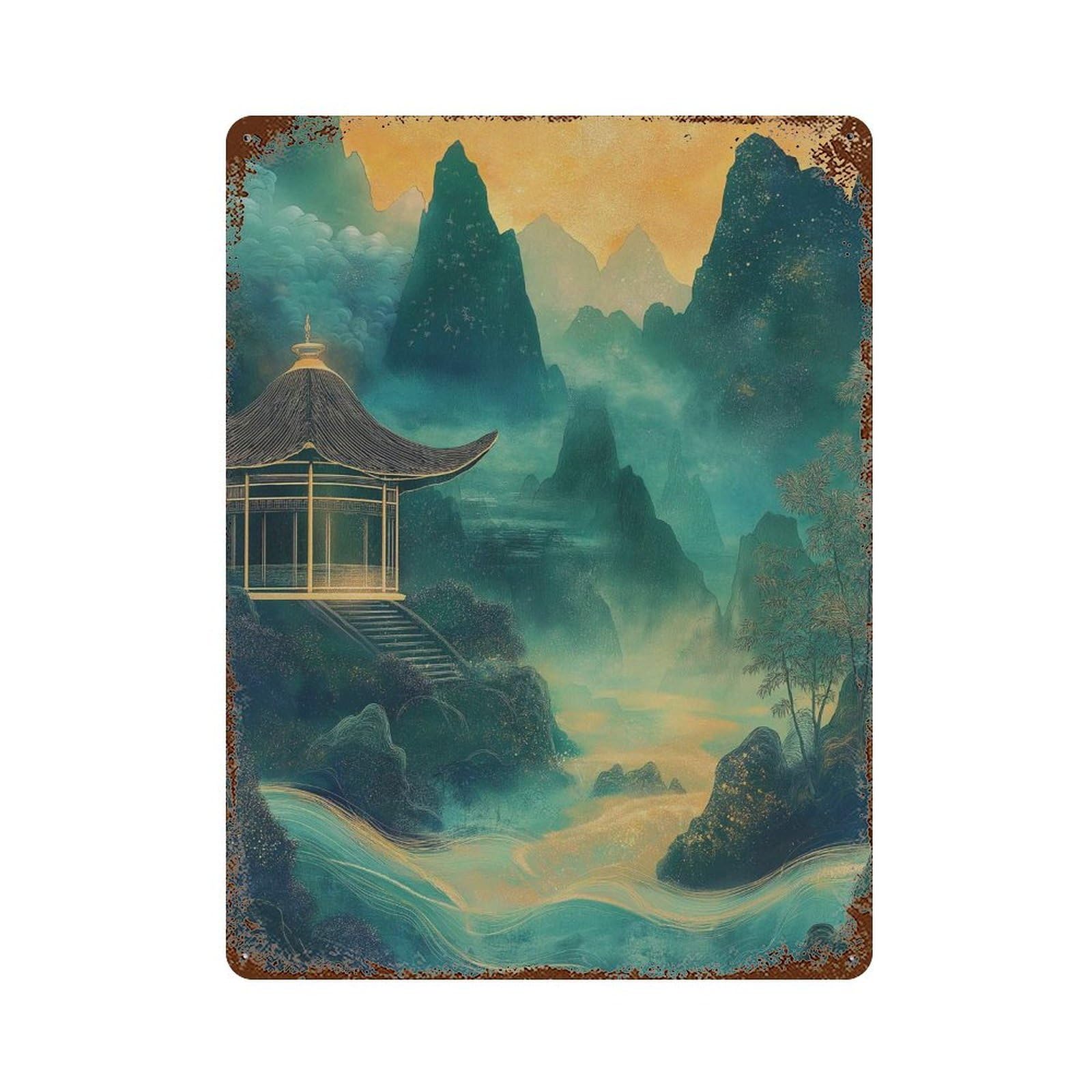 xiaoxiaoshen Misty Mountain Pavilion Asian Landscape Serene Chinese Temple Wall Decor Art Metal Tin Poster Modern Home Decor Art Home Bar Shop Decorations Vintage Sign 40x30cm