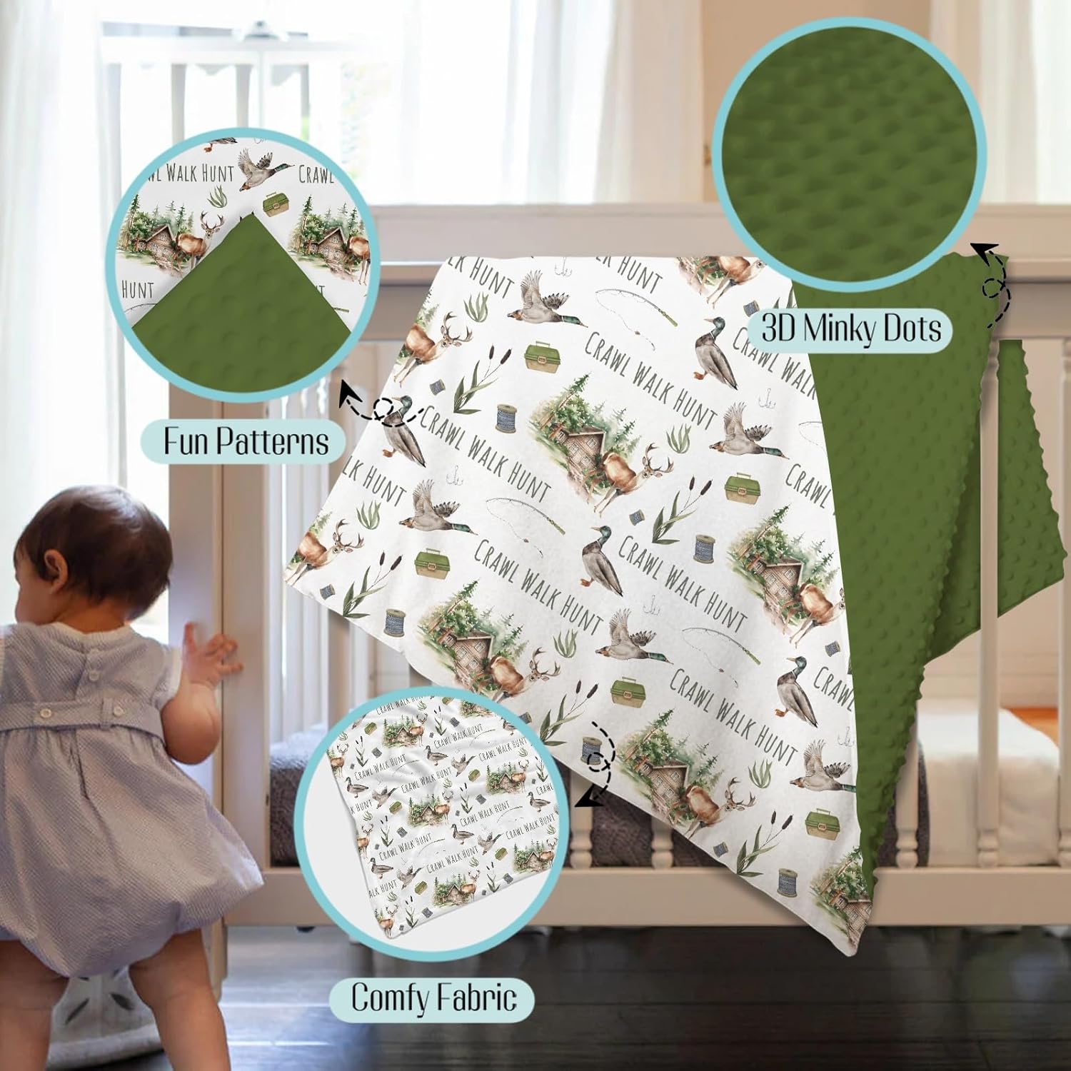 Mink Baby Boys Blanket Deer Mallard Duck Hunter, Crawl Walk Hunt Wild Animal Hunting Lake Soft Double Layer Dotted Backing Receiving Blankets, Newborn Infant Toddler Nursery Crib Bedding 30x40 Hunt 30x40 In image 3 of 8 B0DNMXXBLZ