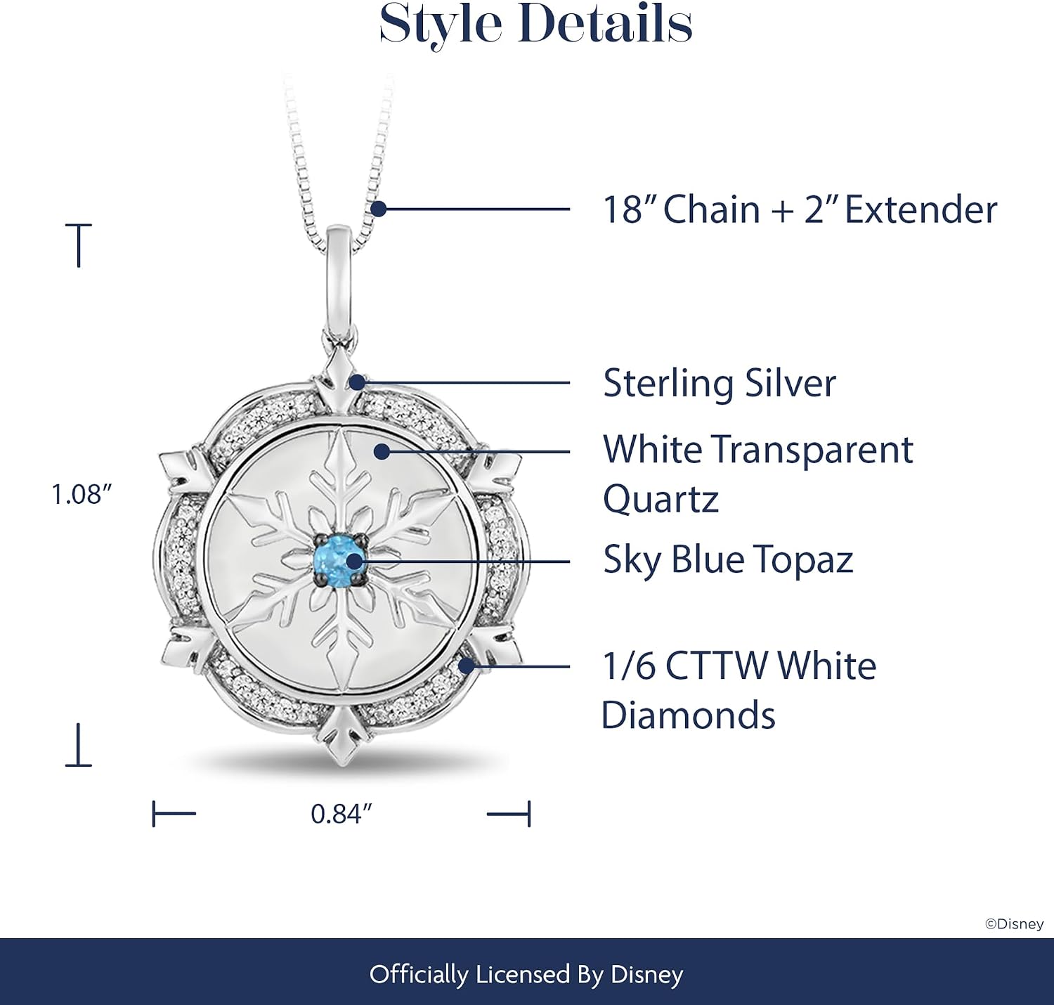 Jewelili Enchanted Disney Fine Jewelry Elsa Necklace for Women | Sterling Silver | White Transparent Quartz Sky Blue Topaz & 1/16 CTTW White Diamonds | Princess Inspired Jewelry Gifts for Her