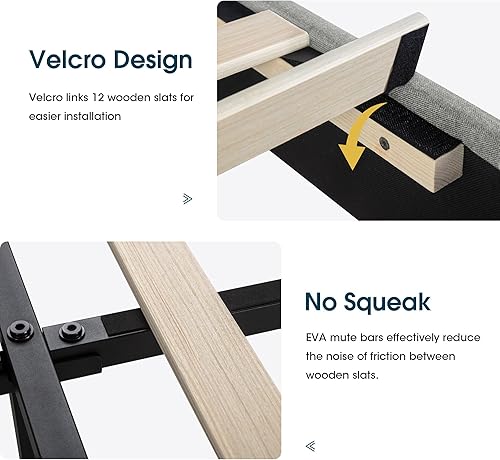 Miniatura 15 de WEEWAY Base de cama tapizada tamaño Queen con cabecera copetuda con respaldo de alas, plataforma moderna con soporte de listones de madera, fácil