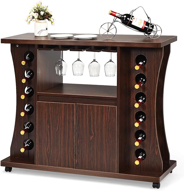 COSTWAY Mobile Buffet Sideboard, Serving Trolley Cart with Wine Rack, Glass Holder, Cabinet, Open Shelf and 5 Wheels, Pantry Wine Cabinet for Kitchen Bar Dining Room