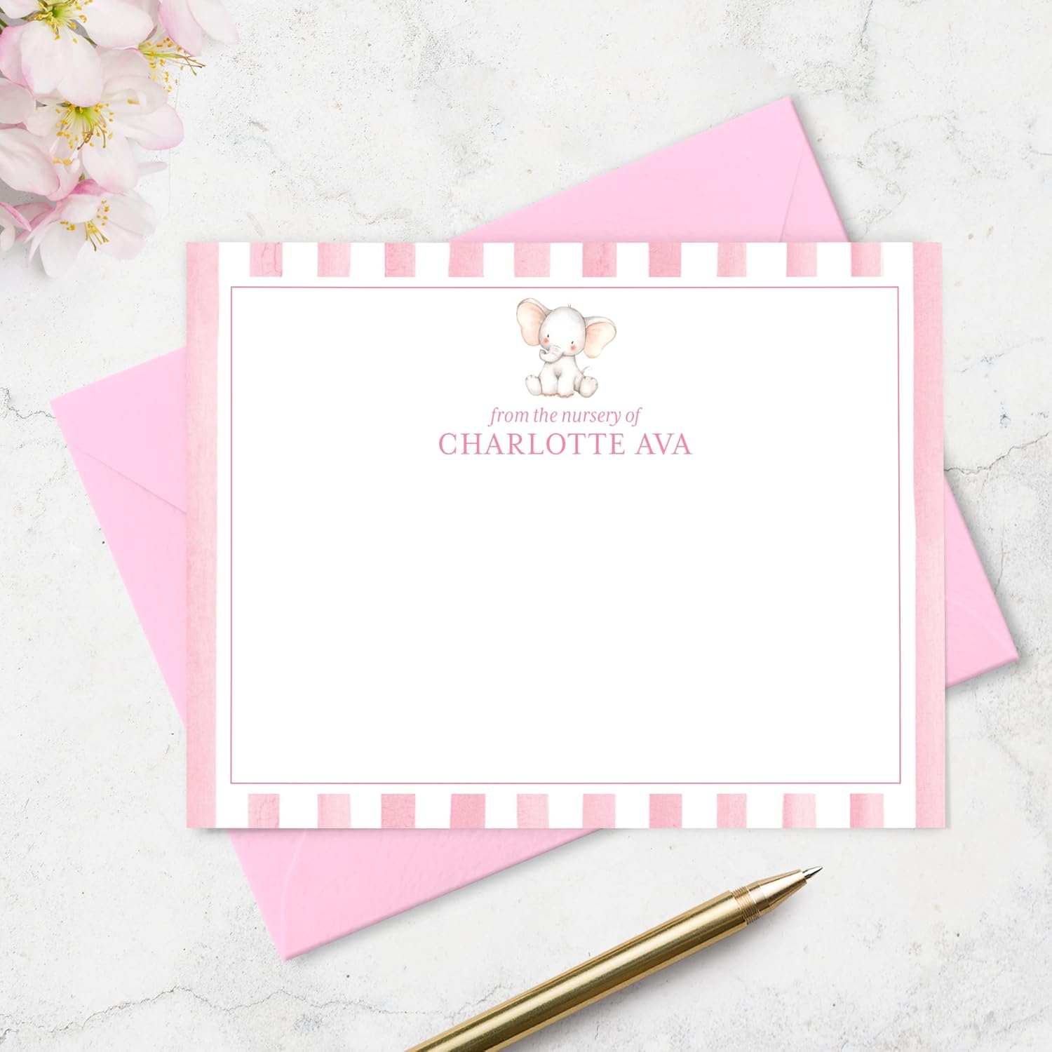 Baby Shower Thank You Cards and Envelopes Personalized from Girl Nursery, Pink Baby Thank You Cards Stationery, Flat A2 Note Card and Envelope Stationery Set (Elephant with Stripe Border)