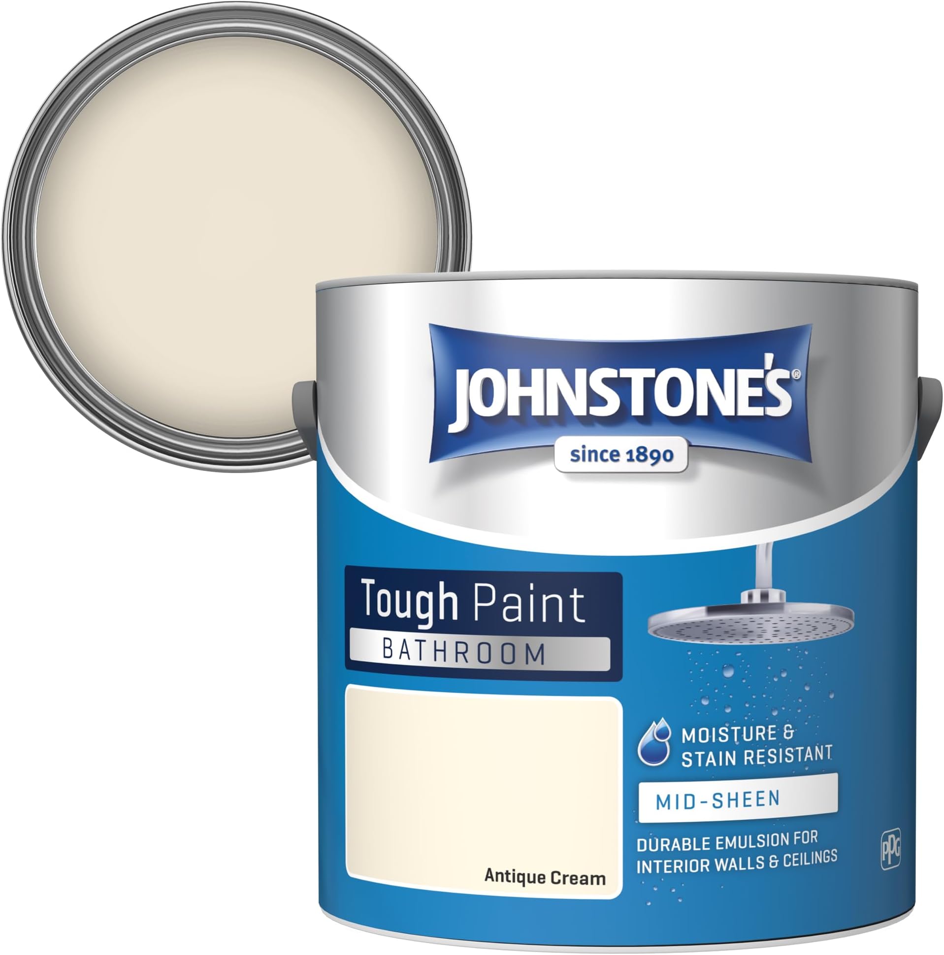 Johnstone's - Bathroom Paint - Antique Cream - Mid Sheen Finish - Stain Blocker Paint - Use in Moist & Damp Areas - Low Odour- Dry in 1-2 Hours - 12m2 Coverage per Litre - 2.5L