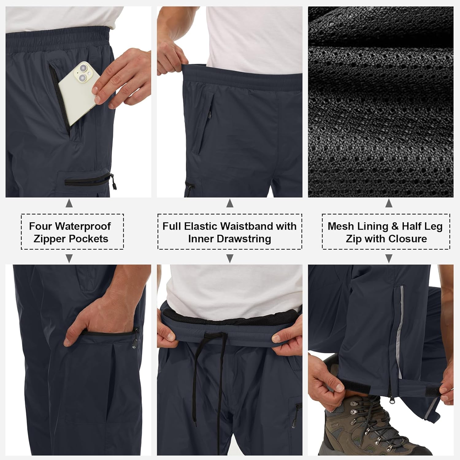 Mens Rain Pants Waterproof Windproof Hiking Outdoor Fishing Golf Cycling Pants - Image 5