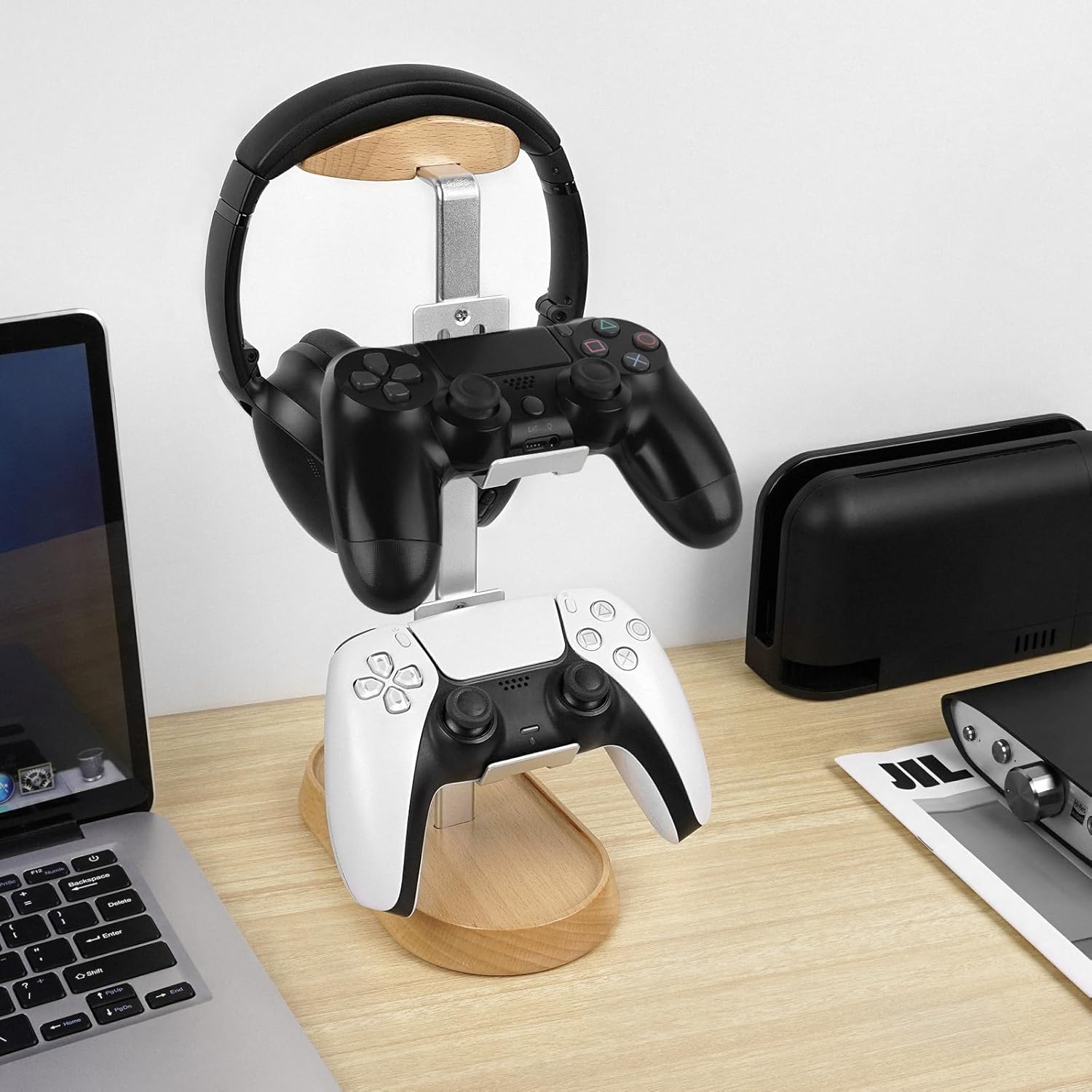 GEEKRIA 2-in-1 Headphone Stand & Gaming Controller Stand, Wood & Aluminum Hanger for PS5/PS4, Xbox One, Nintendo Switch, Compatible with Sennheiser, Bose, Beats, Razer, HyperX, Sony (Beech)