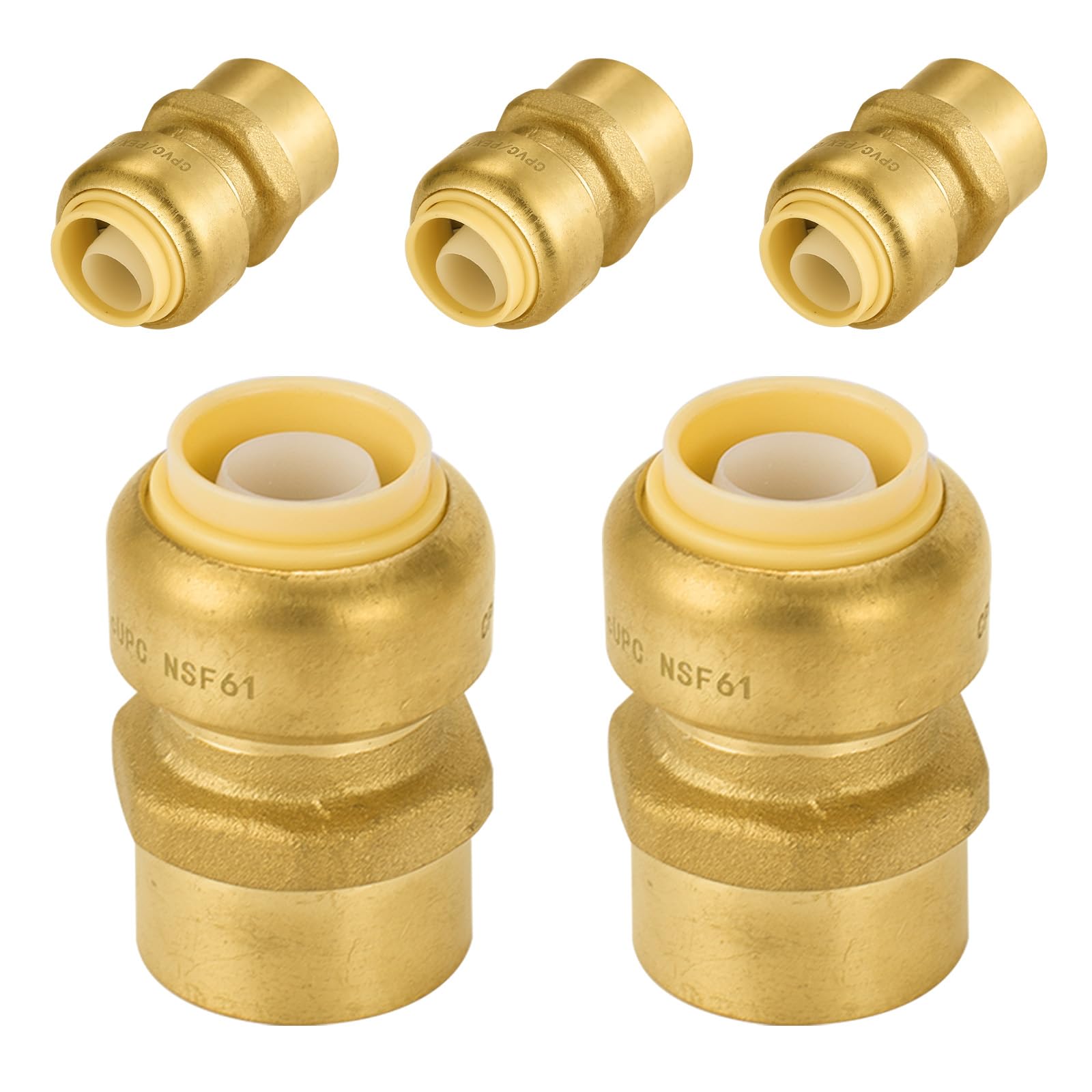 5 szt. złączek mosiężnych Foskan 3/4" Push-to-connect x 3/4" z gwintem wewnętrznym, do łączenia rur PEX, miedzianych, C, PE-RT, z zaciskiem rozłączającym do napraw hydraulicznych (PTC x FNPT)