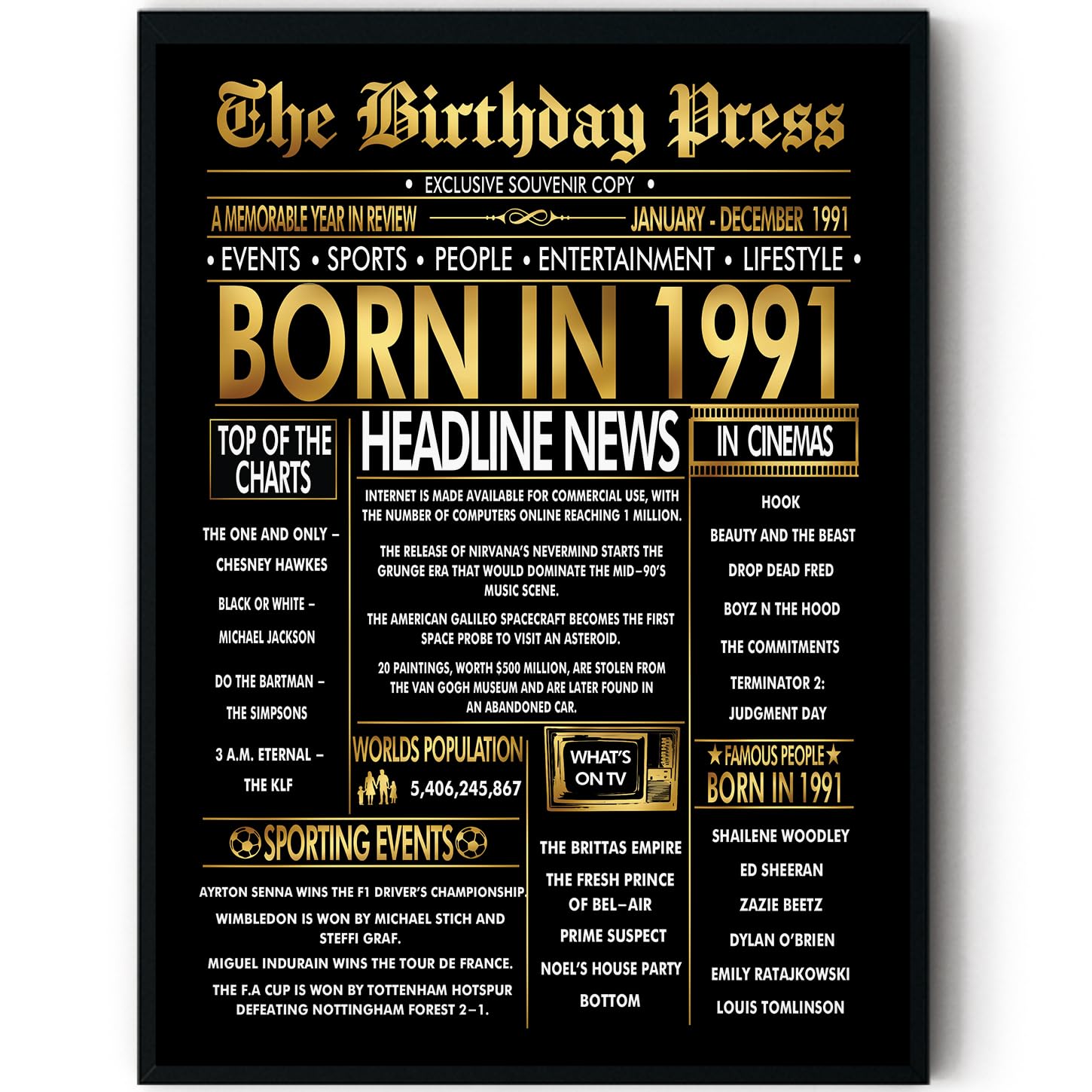 Stuff4 Men's 1991 Gold 35Th Birthday Poster Framed - Golden Born In Newspaper - Happy 35 Birthday For Wo Retro Vintage Gifts Back In 8X10 Inch Bday Party Decor Decoration