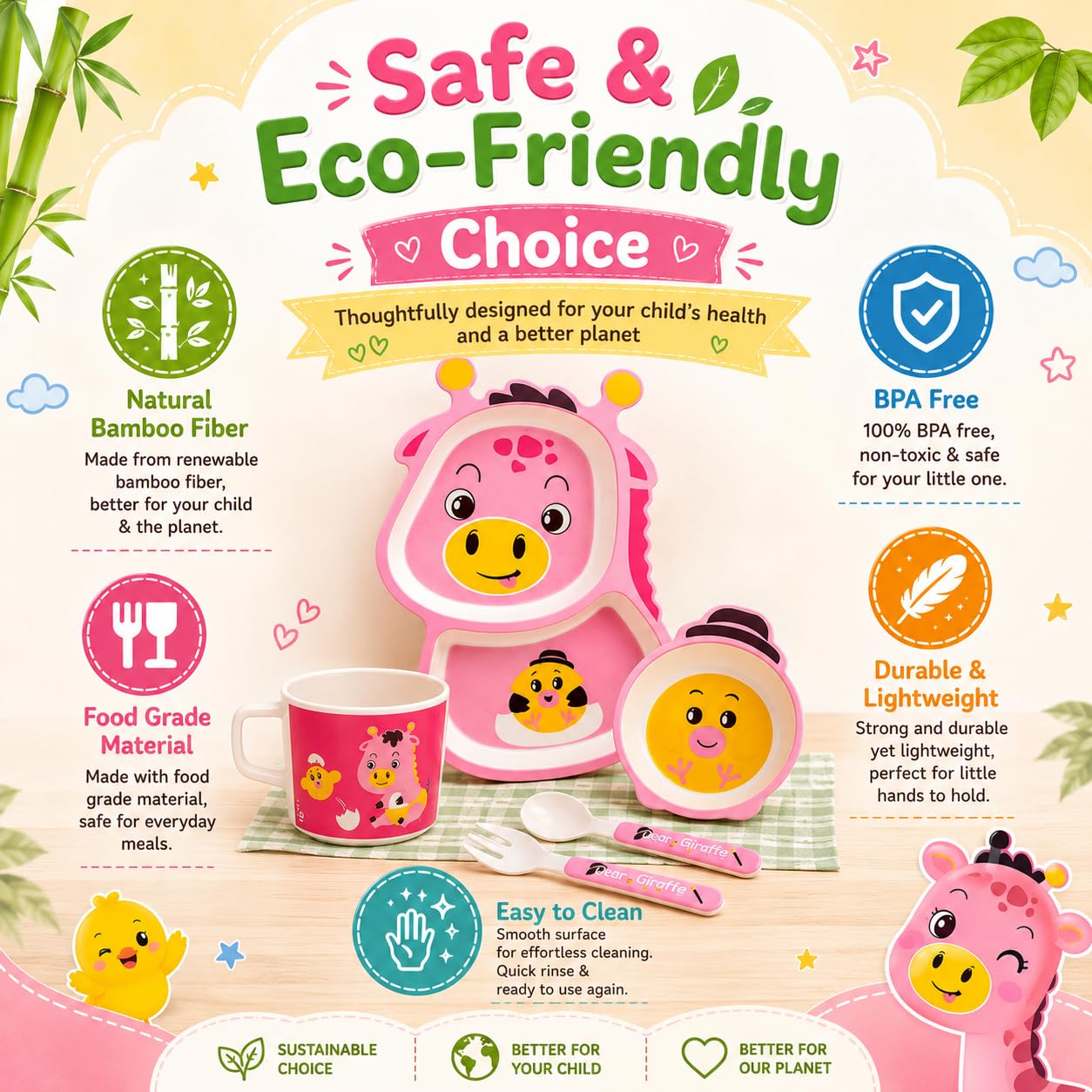 Bamboo Kids Dinnerware Set | 5 Piece Kids Feeding Set with Plate, Bowl, Cup, Spoon & Fork | BPA Free, Food Grade, Lightweight & Durable | Baby Feeding Essentials Gift for Boys & Girls 1