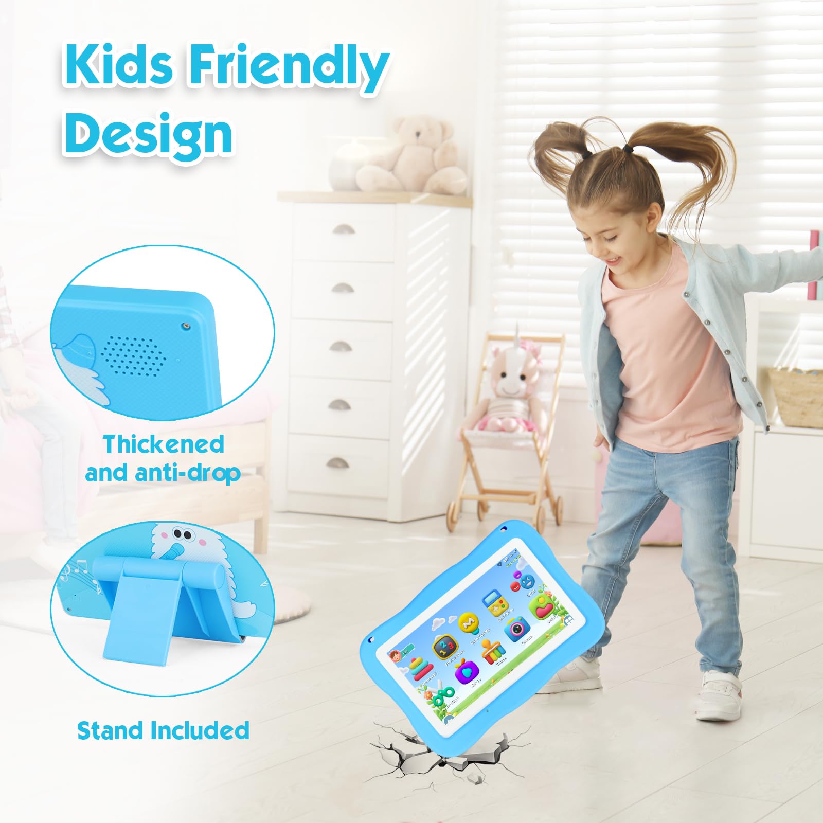 Tablet per bambini da 7 '' 32 GB, tablet per bambini 3-7 con WiFi YouTube Tonnellate di contenuti offline Controllo genitori, tablet Android per bambini con supporto per custodia ispessita Software