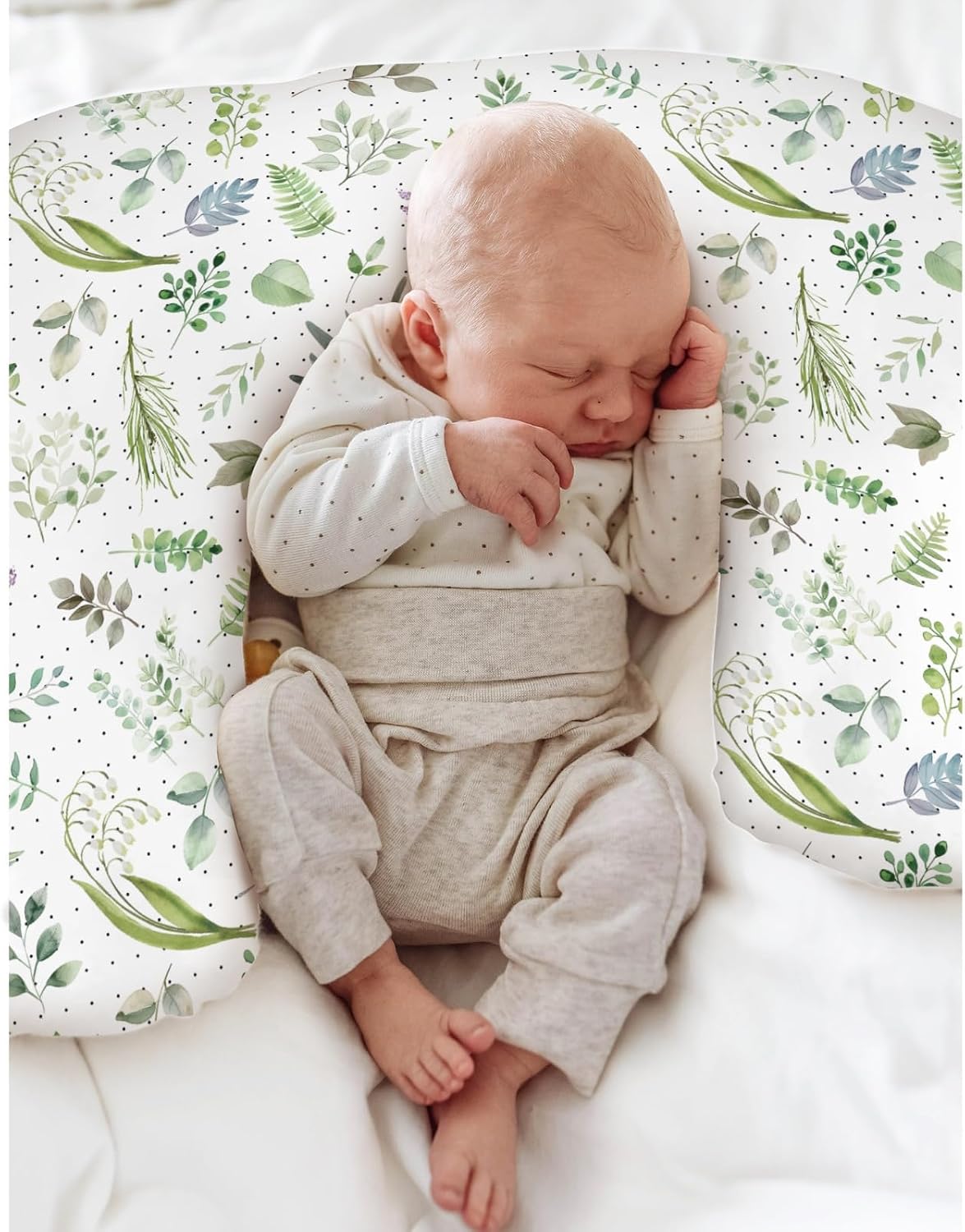 Watercolor Greenery Leaves Floral Baby Nursing Pillow Covers for Boy Girl Boho Green Leaves Nursing Pillowcase for Breastfeeding Pillows Summer Meadow Soft Stretchy Slipcovers for Newborn Infant